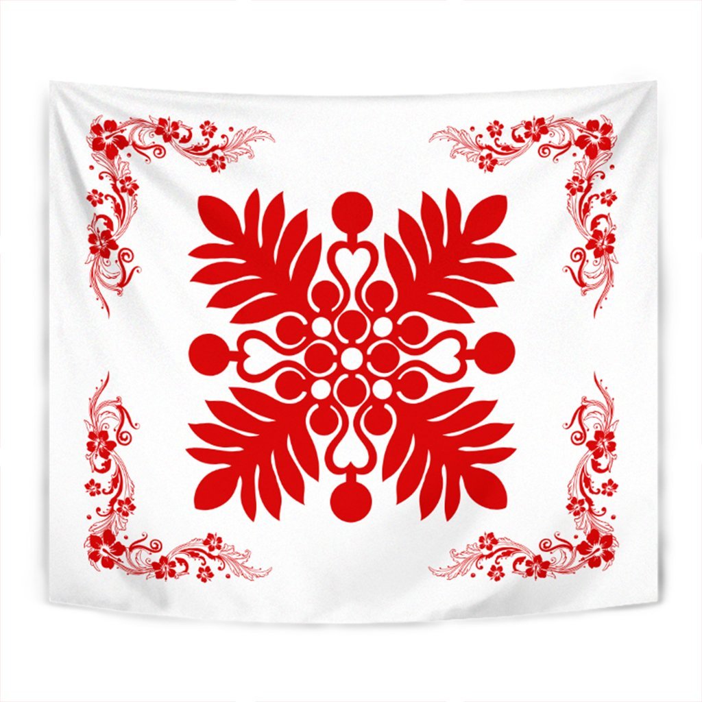 Hawaiian Quilt Maui Plant And Hibiscus Tappestry - Red White - AH Wall Tapestry Red - Polynesian Pride