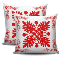 Hawaiian Quilt Maui Plant And Hibiscus Pattern Pillow Covers - Red White - AH - Polynesian Pride