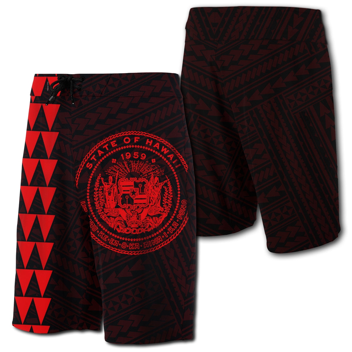 Hawaii Kakau Polynesian Coat Of Arms Board Shorts - Red Men Red - Polynesian Pride