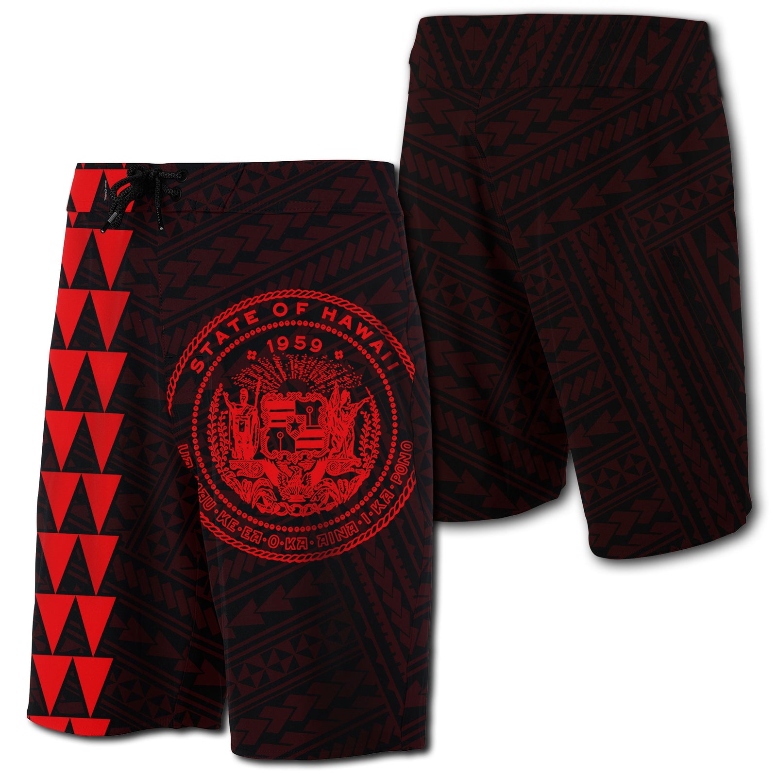 Hawaii Kakau Polynesian Coat Of Arms Board Shorts - Red Men Red - Polynesian Pride