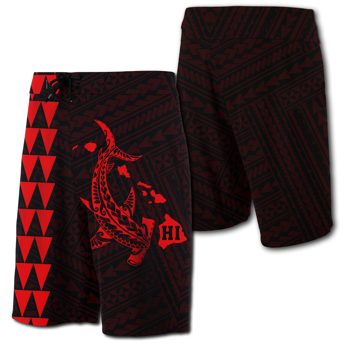 Hawaii Kakau Polynesian Hammerhead Shark Map Board Shorts - Red Men Red - Polynesian Pride