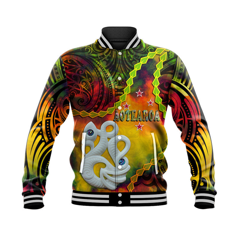 New Zealand Maori Baseball Jacket Aotearoa Manaia Reggae Paua Shell - Heare Ra LT9 Unisex Reggae - Polynesian Pride