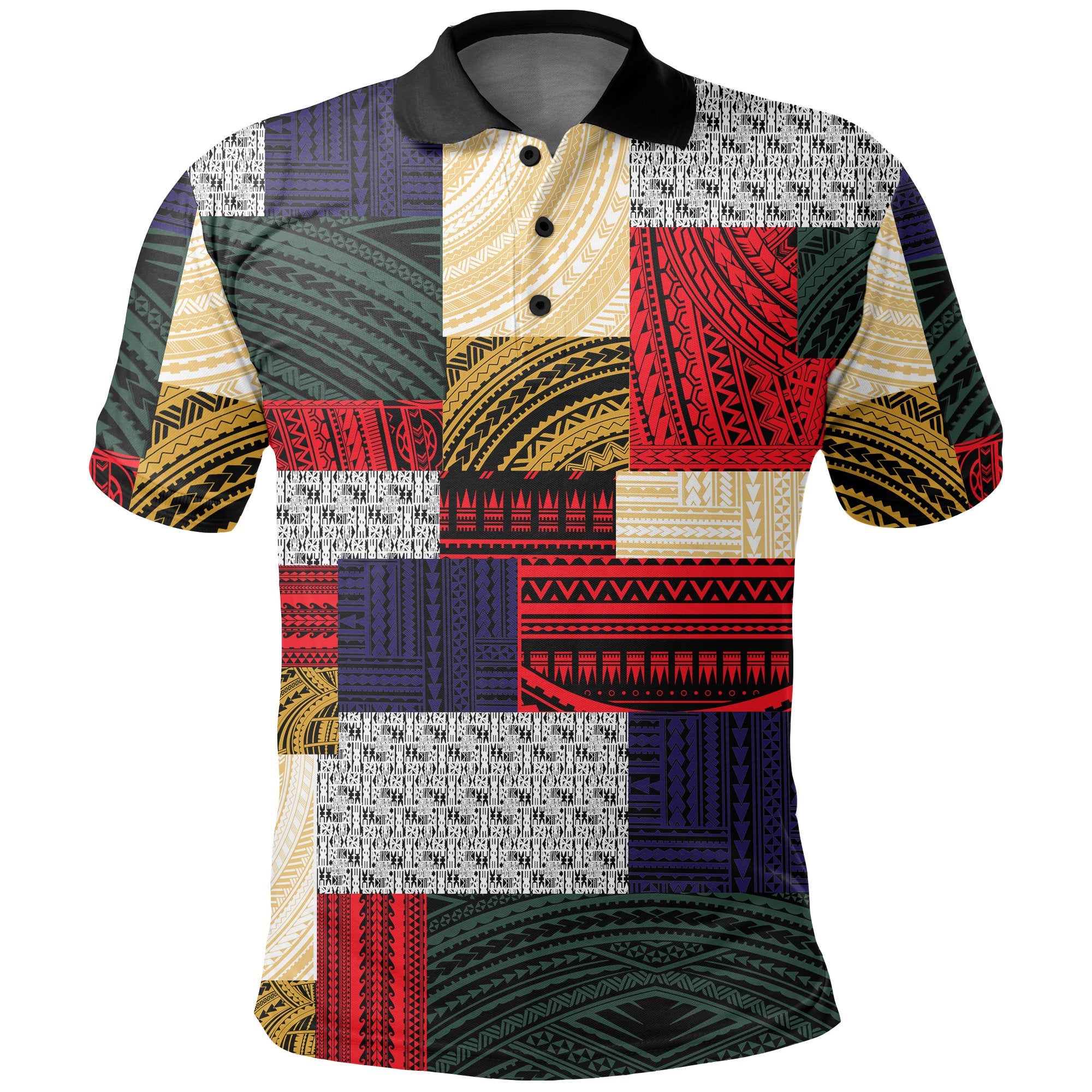 Polynesian All Over Polo Shirt Polynesian Design Retro Patchwork Unisex Red - Green - Polynesian Pride