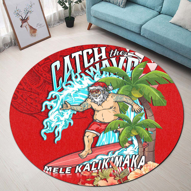 Hawaii Mele Kalikimaka Round Carpet Santa Claus Surfing Xmas Time LT9 Red - Polynesian Pride