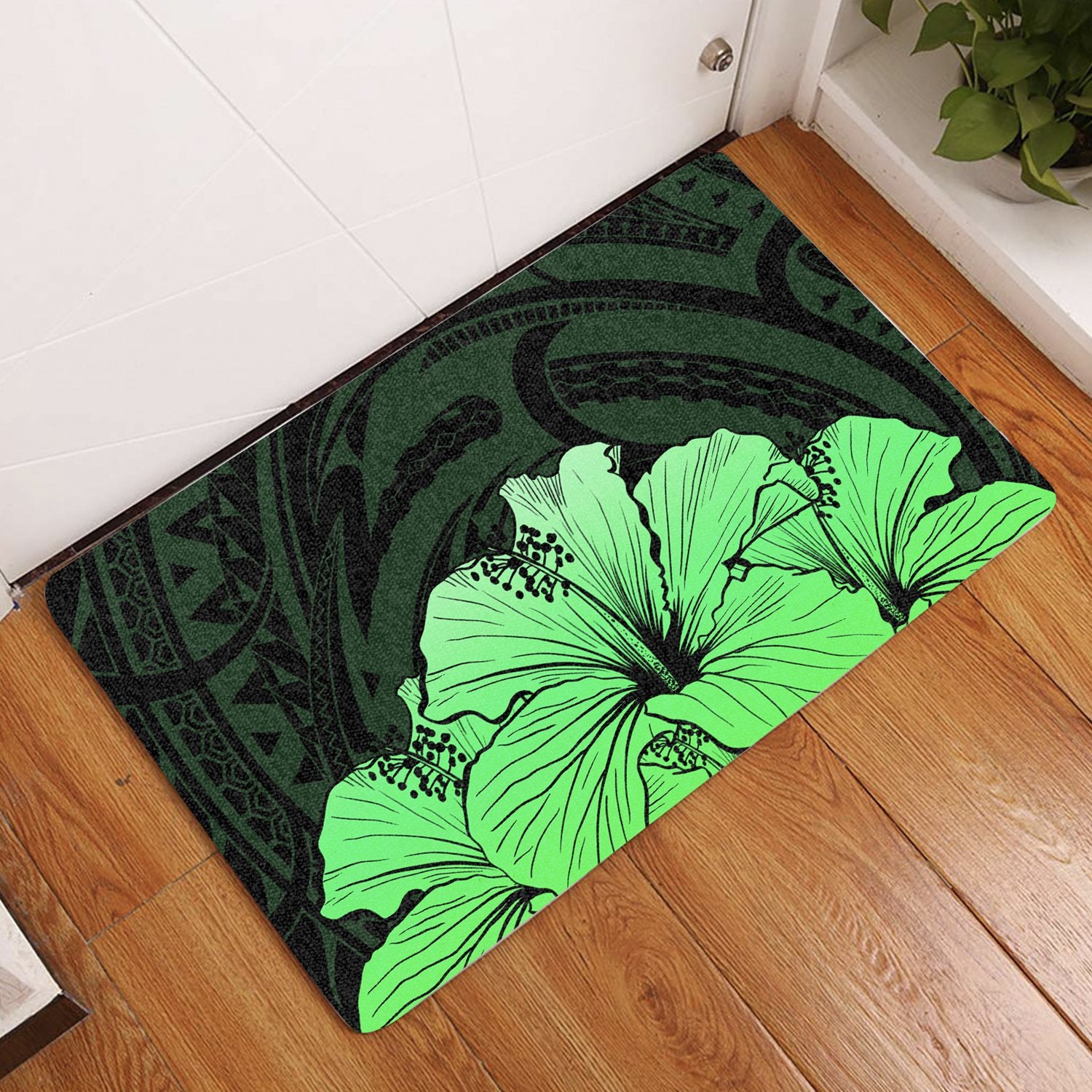 Royal Hibiscus Polynesian Tribal Door Mat Green AH Door Mat Green - Polynesian Pride