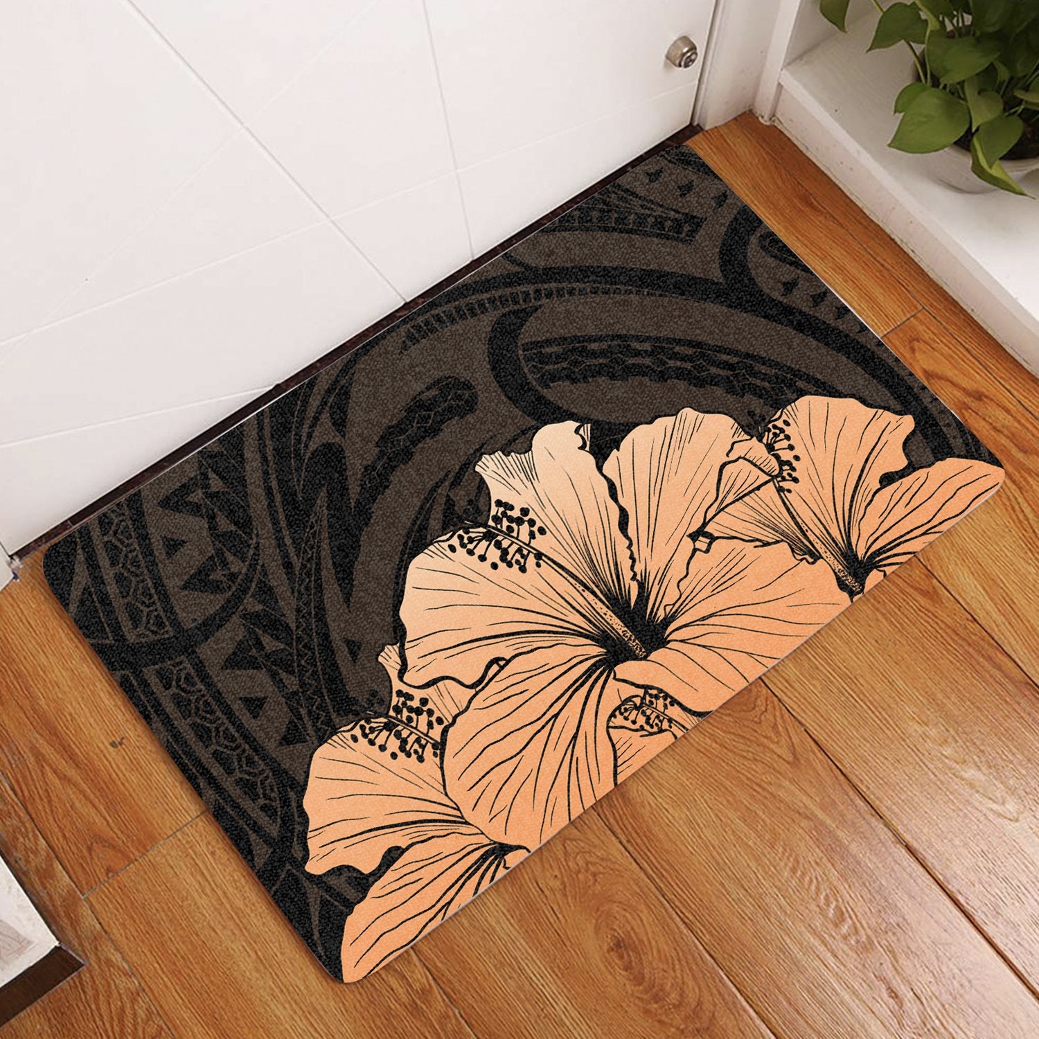 Royal Hibiscus Polynesian Tribal Door Mat Orange AH Door Mat Orange - Polynesian Pride