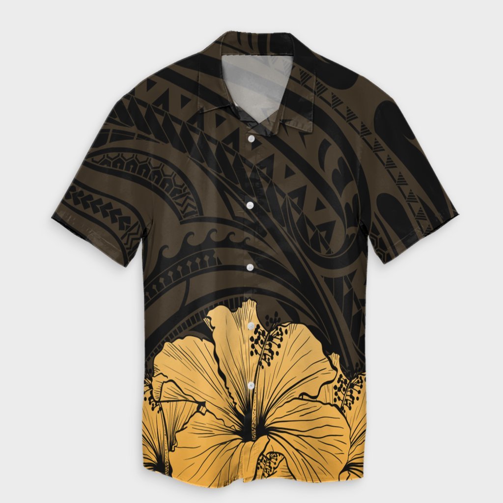 Royal Hibiscus Polynesian Tribal Golden Hawaiian Shirt - AH Unisex Black - Polynesian Pride