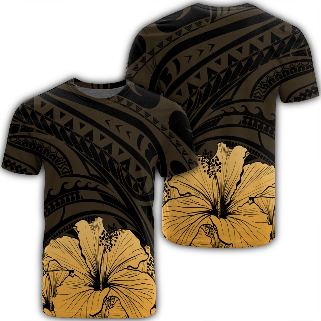 Royal Hibiscus Polynesian Tribal Golden T Shirt AH Unisex Black - Polynesian Pride