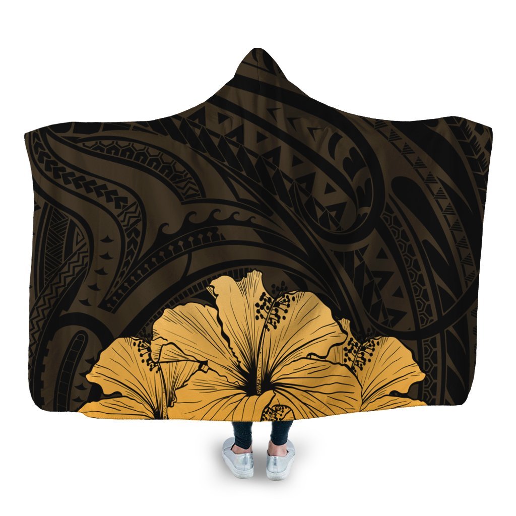 Royal Hibiscus Polynesian Tribal Golden Hooded Blanket - AH Hooded Blanket White - Polynesian Pride