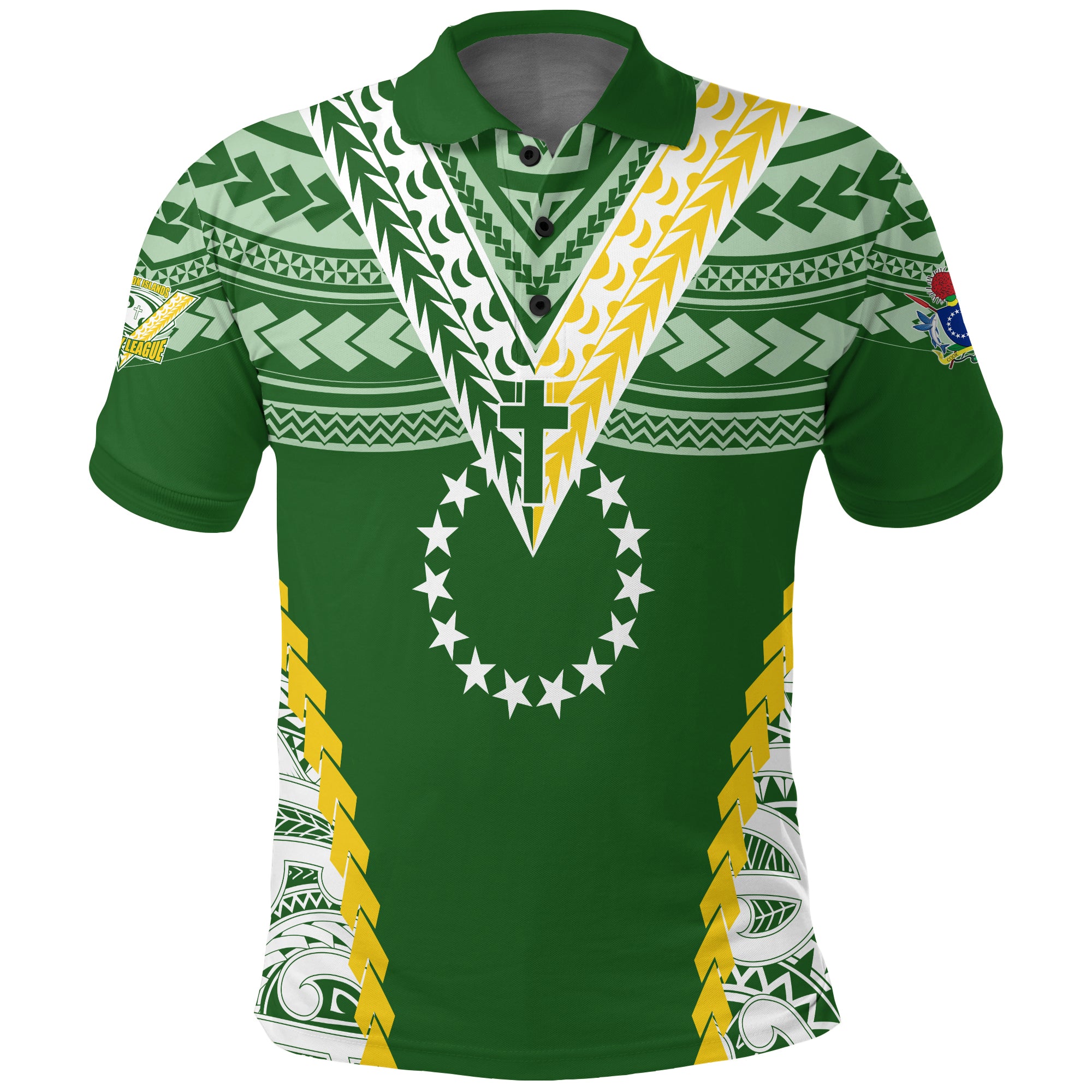 Custom Cook Islands Rugby Medallion of Stars Polo Shirt LT7 Green - Polynesian Pride