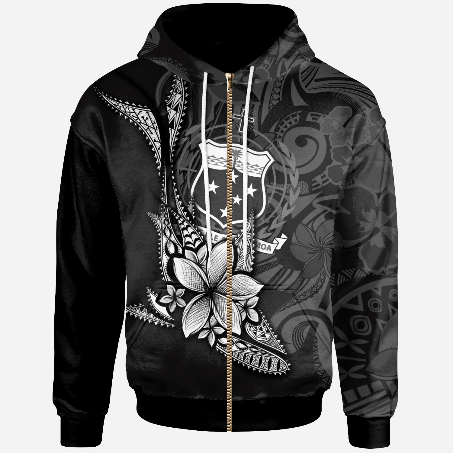 Samoa Custom Zip Hoodie Fish With Plumeria Flowers Style Unisex Black - Polynesian Pride