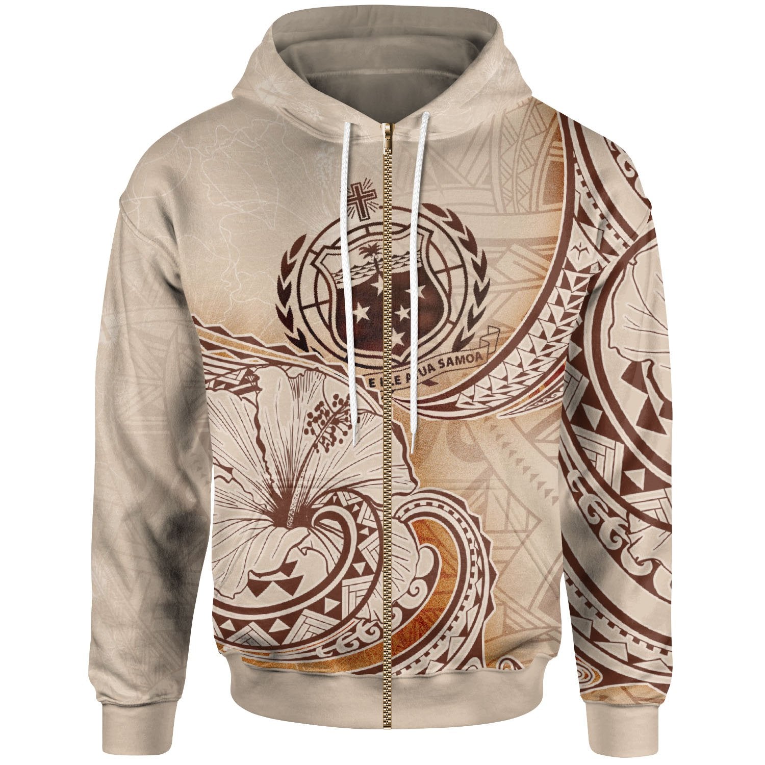 Samoa Zip Hoodie Hibiscus Flowers Vintage Style Unisex Nude - Polynesian Pride