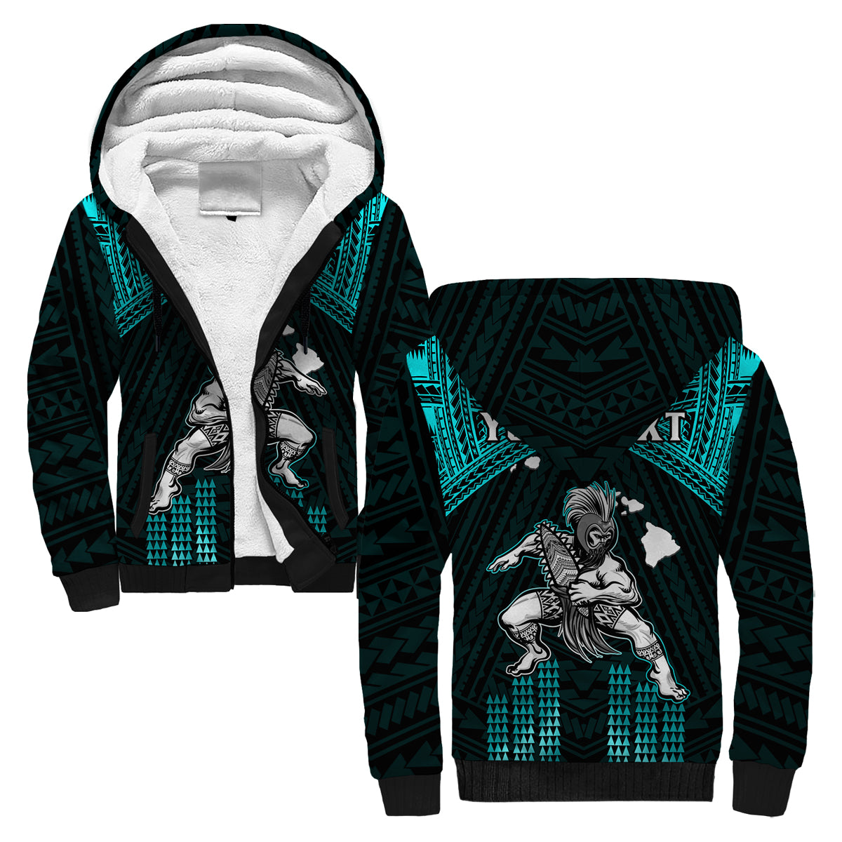 (Custom Personalised) Hawaii Sherpa Hoodie Hawaiian Warrior With Weapon Polynesian Ver.02 LT14 Unisex Turquoise - Polynesian Pride