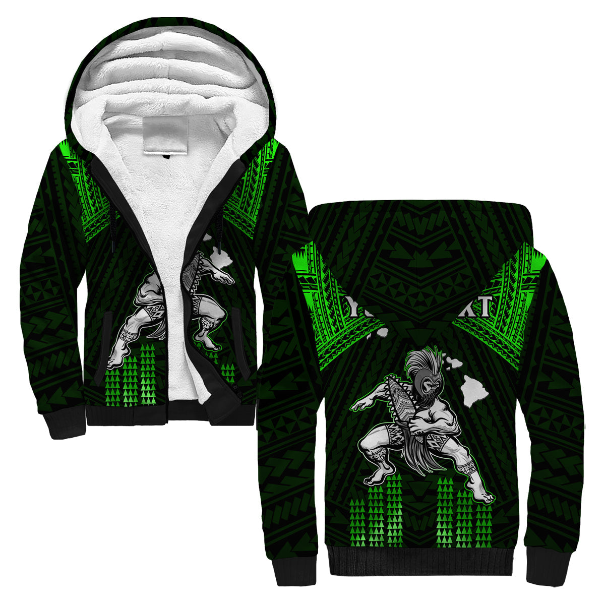 (Custom Personalised) Hawaii Sherpa Hoodie Hawaiian Warrior With Weapon Polynesian Ver.03 LT14 Unisex Green - Polynesian Pride