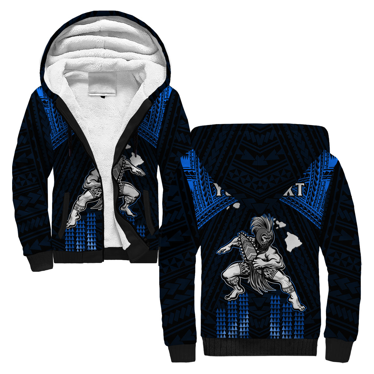 (Custom Personalised) Hawaii Sherpa Hoodie Hawaiian Warrior With Weapon Polynesian Ver.06 LT14 Unisex Blue - Polynesian Pride