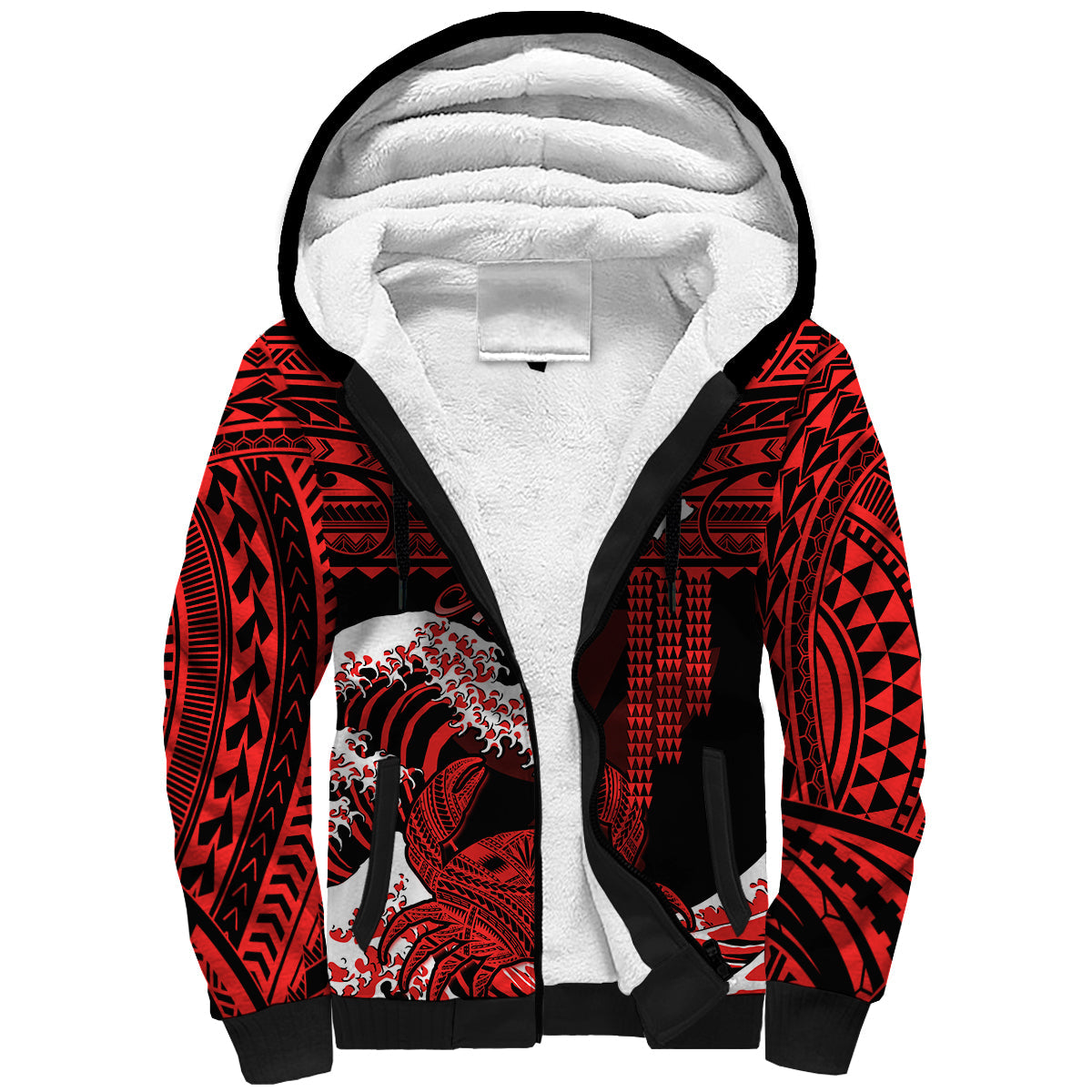 (Custom Personalised) Hawaii Sherpa Hoodie Kakau Polynesian Crab With Waves Ver.03 LT14 Unisex Red - Polynesian Pride