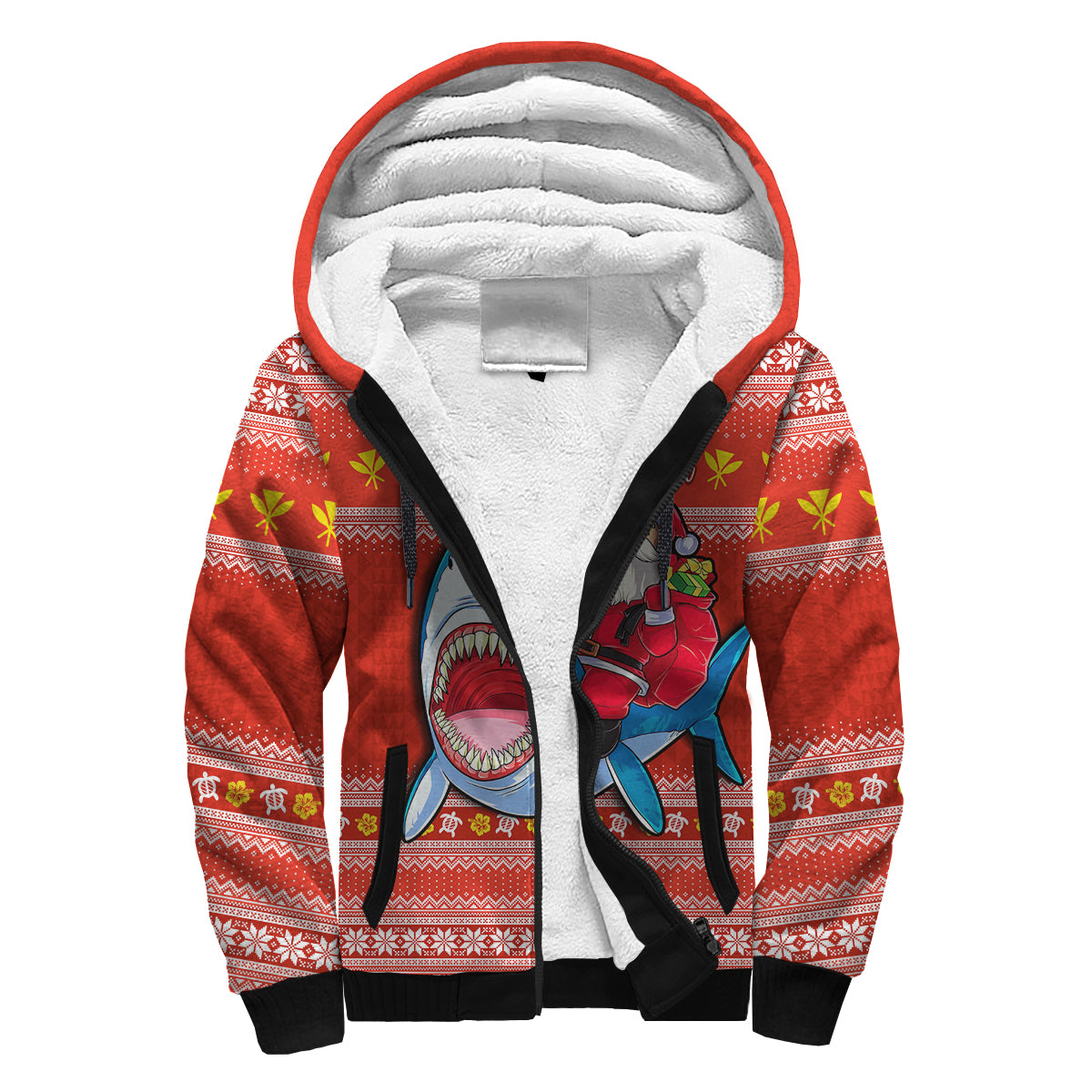 (Custom Personalised) Hawaii Christmas Sherpa Hoodie Santa Shark Mele Kalikimaka Tribal LT14 Unisex Red - Polynesian Pride