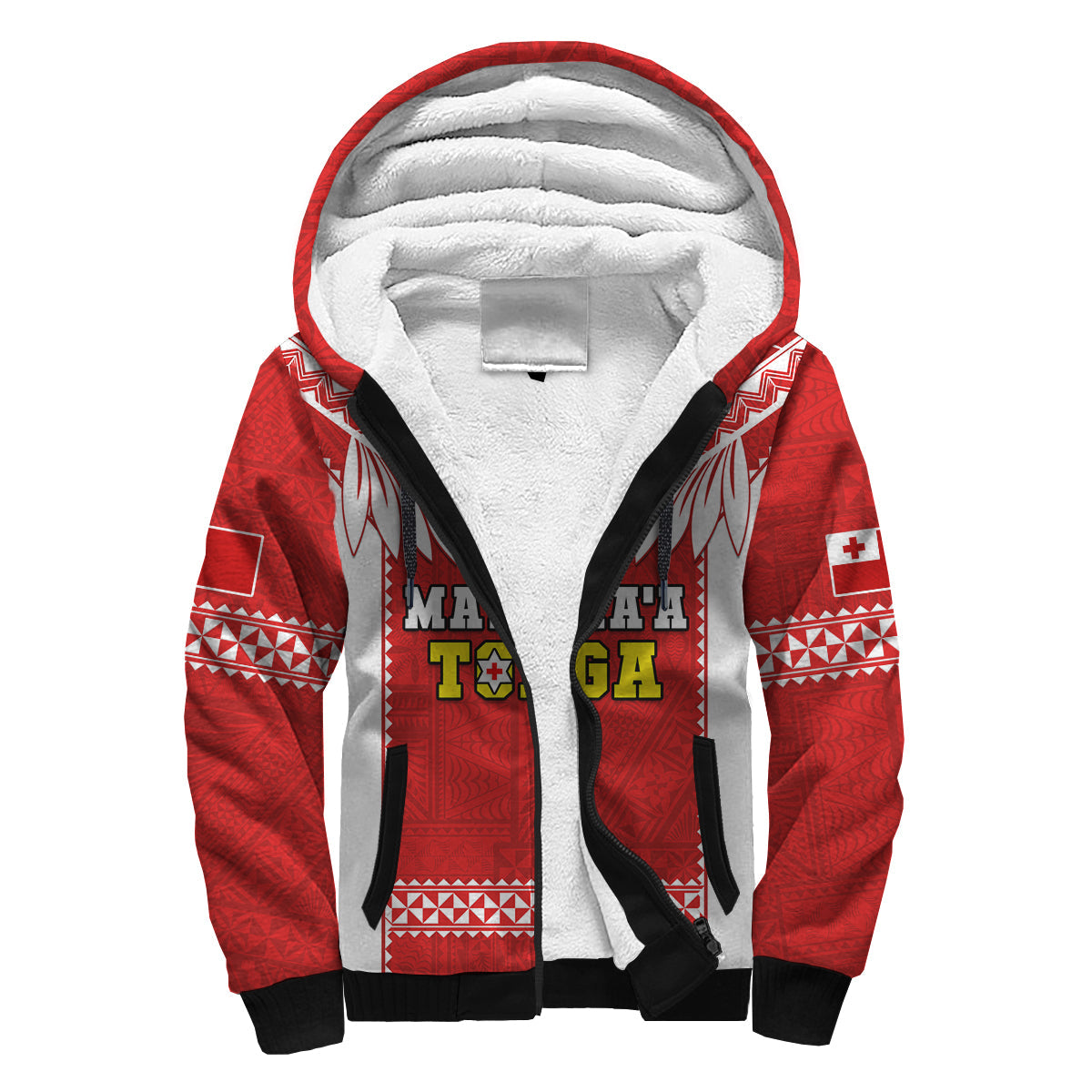 Tonga Rugby Sherpa Hoodie Mate Maa Tonga Pacific Ngatu White LT14 Unisex Red - Polynesian Pride