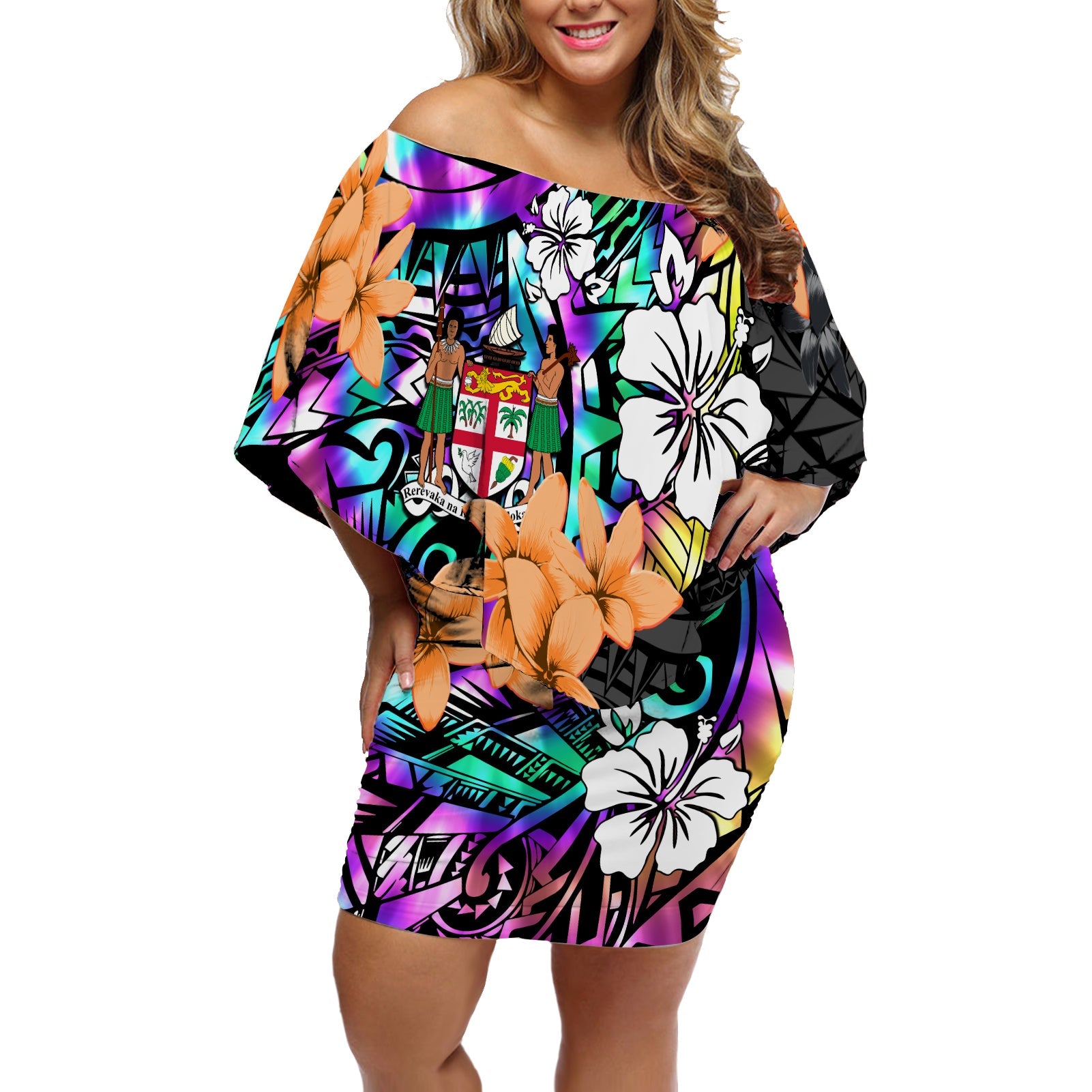 Fiji Tie Dye Off Shoulder Short Dress Polynesian Special Tribal Creative Tropical Flowers Ver.02 LT13 Women Art - Polynesian Pride