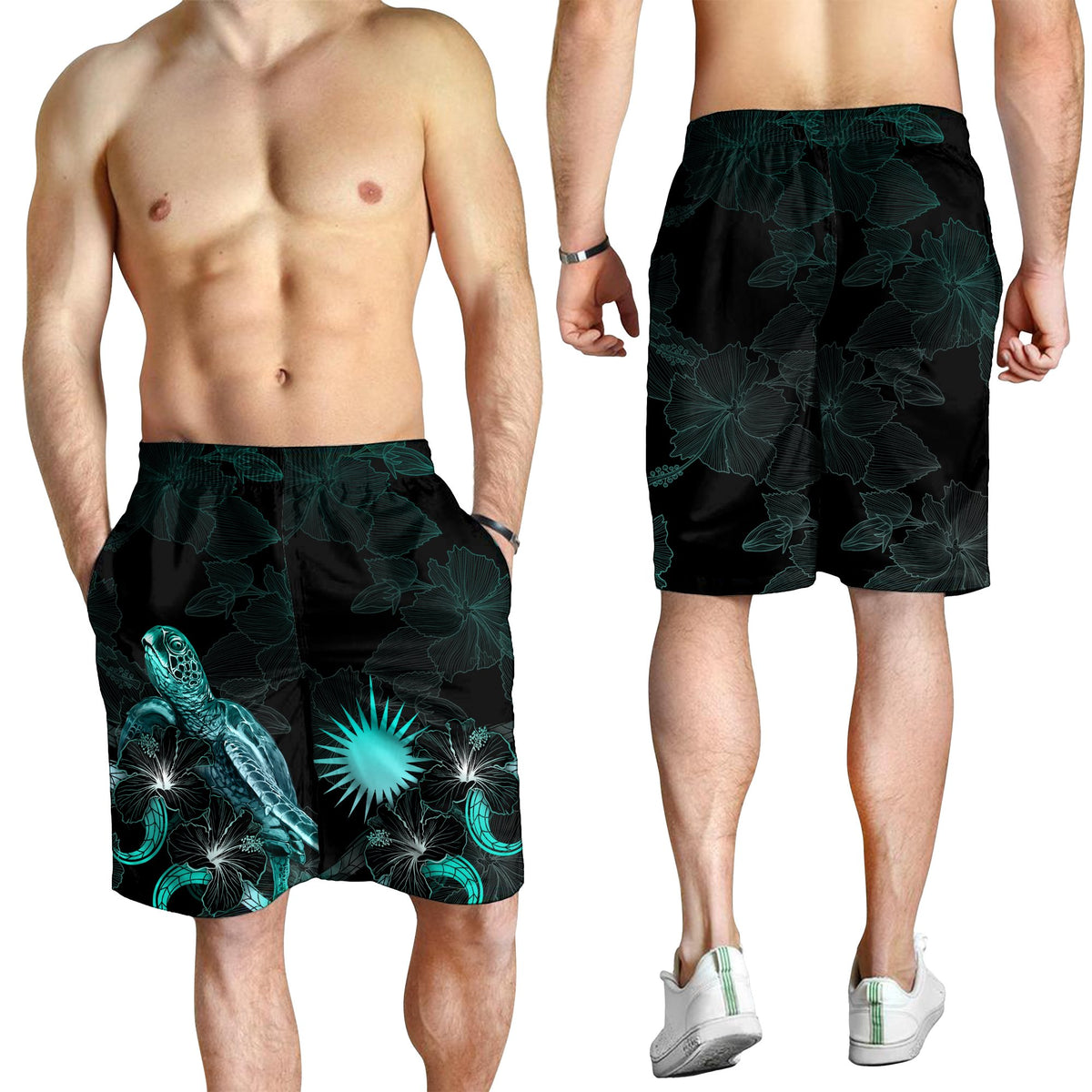 Marshall Islands Polynesian Men's Shorts - Turtle With Blooming Hibiscus Turquoise - Polynesian Pride