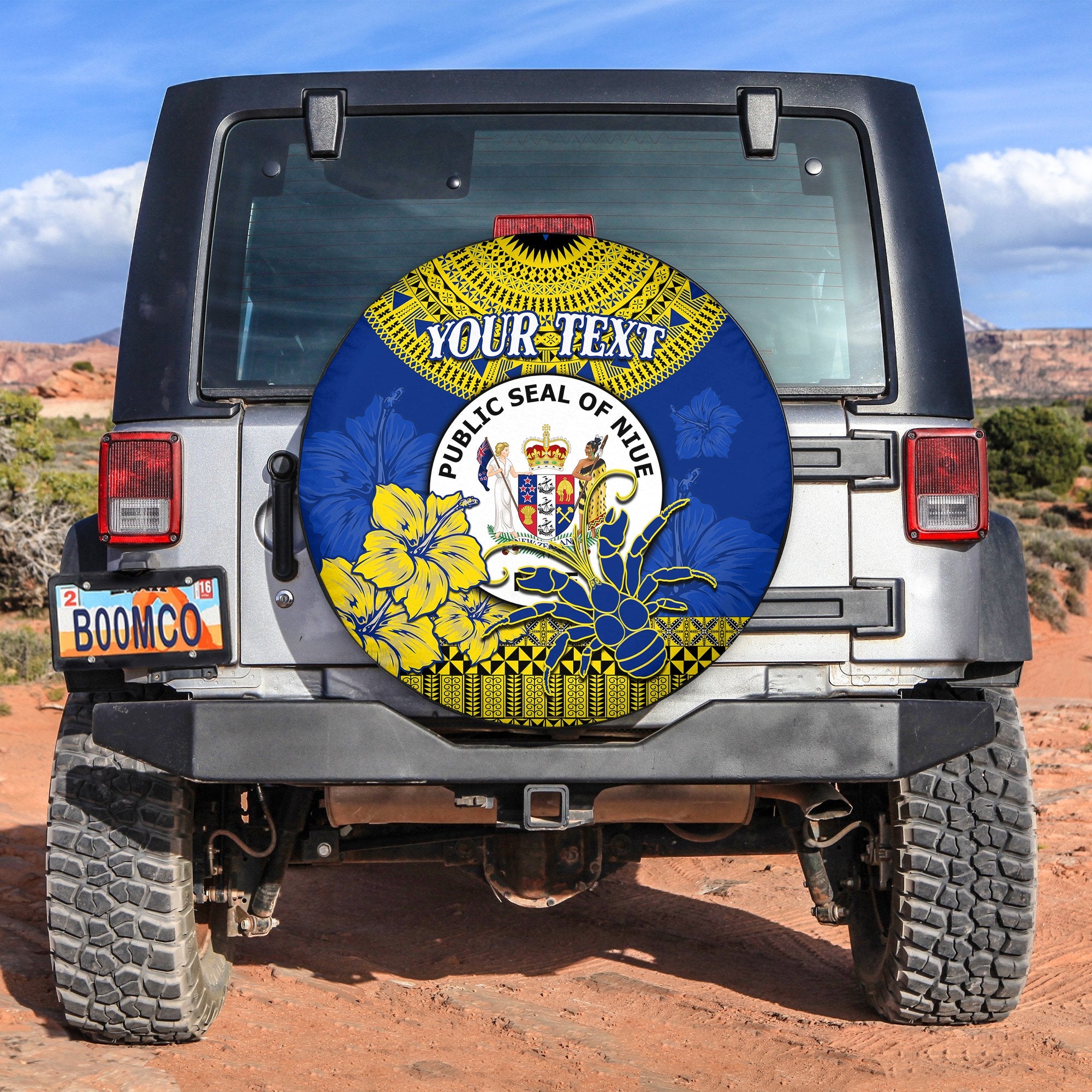 (Custom Personalised) Niue Hiapo Spare Tire Cover Rock of Polynesia Tapa Niuean Crab Happy Day LT13 Blue - Polynesian Pride