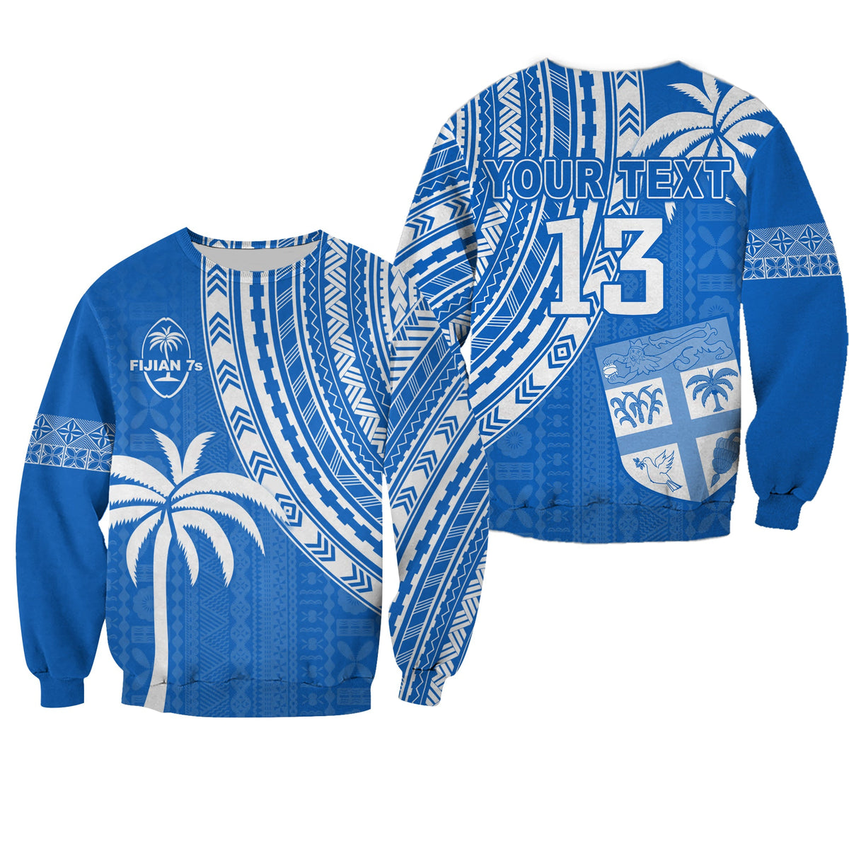 (Custom Text and Number) Fiji Rugby Sevens Sweatshirt Fijian 7s Tapa Polynesian Blue Ver.01 LT13 Unisex Blue - Polynesian Pride