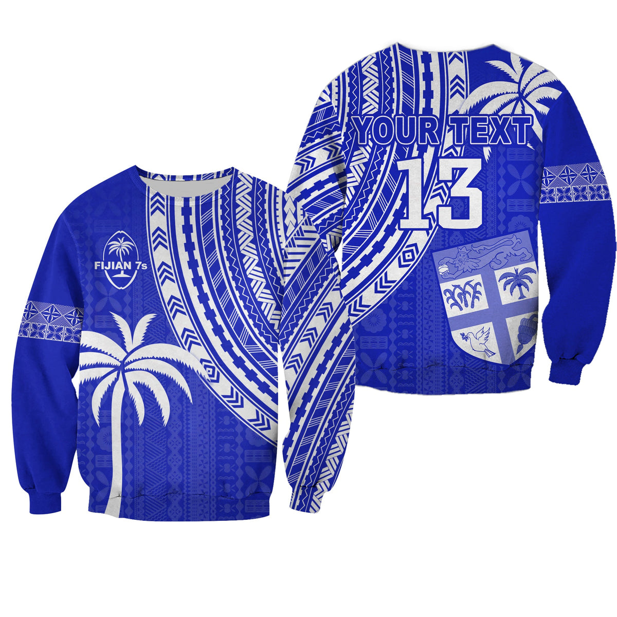 (Custom Text and Number) Fiji Rugby Sevens Sweatshirt Fijian 7s Tapa Polynesian Blue Ver.02 LT13 Unisex Blue - Polynesian Pride