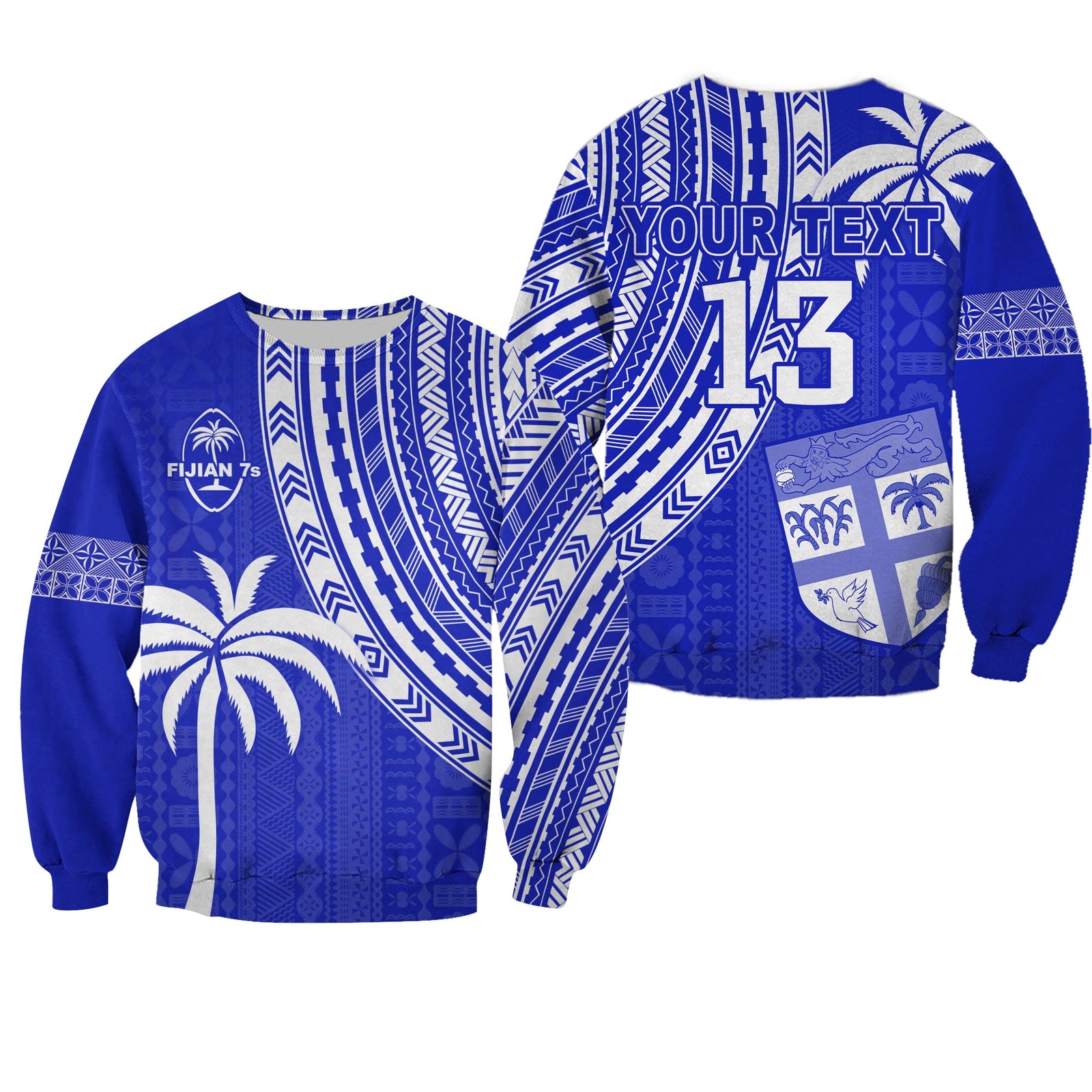 (Custom Text and Number) Fiji Rugby Sevens Sweatshirt Fijian 7s Tapa Polynesian Blue Ver.02 LT13 Unisex Blue - Polynesian Pride