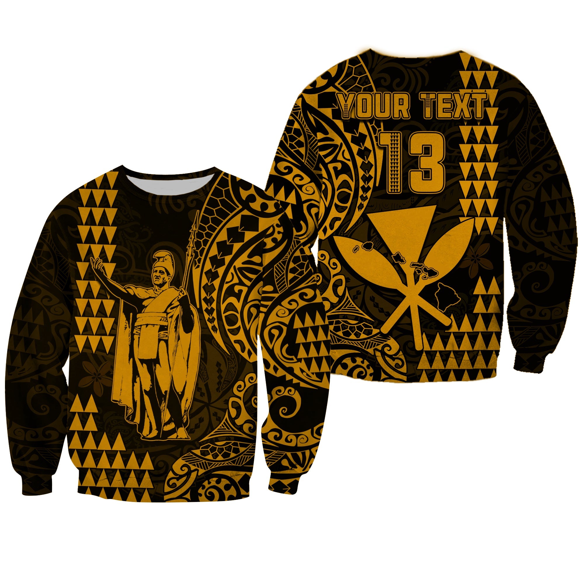 (Custom Text and Number) Hawaii Day Kakau Sweatshirt Proud To Be Hawaiian Gold King Kamehameha and Kanaka Maoli LT13 Unisex Gold - Polynesian Pride