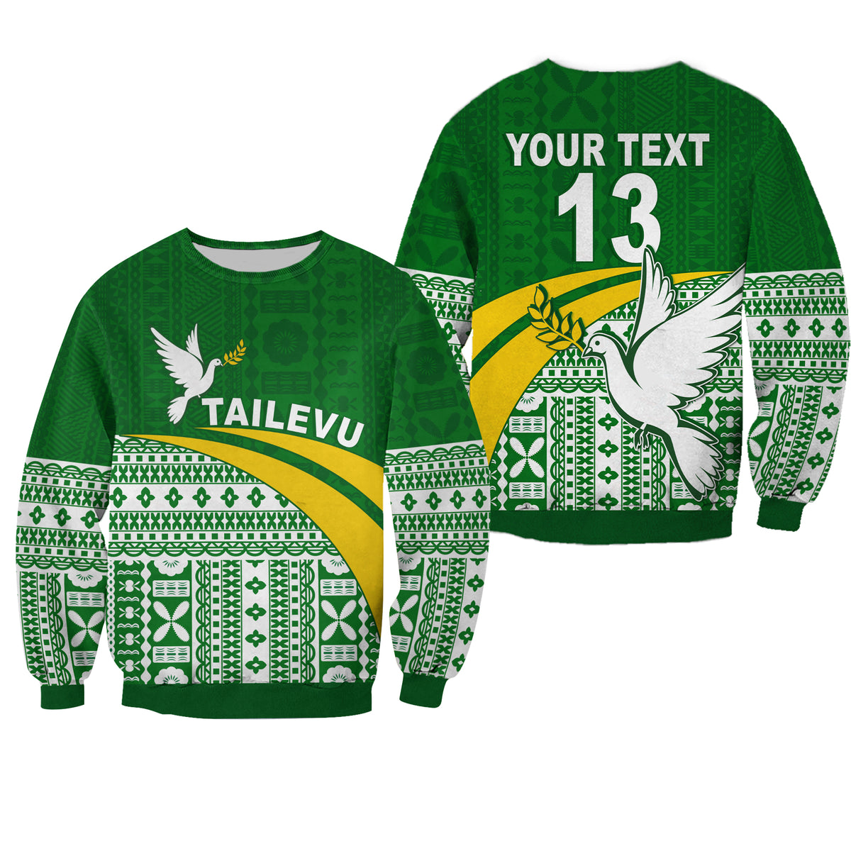 (Custom Text and Number) Tailevu Rugby Sweatshirt Fiji Rugby Tapa Pattern Green LT13 Unisex Green - Polynesian Pride