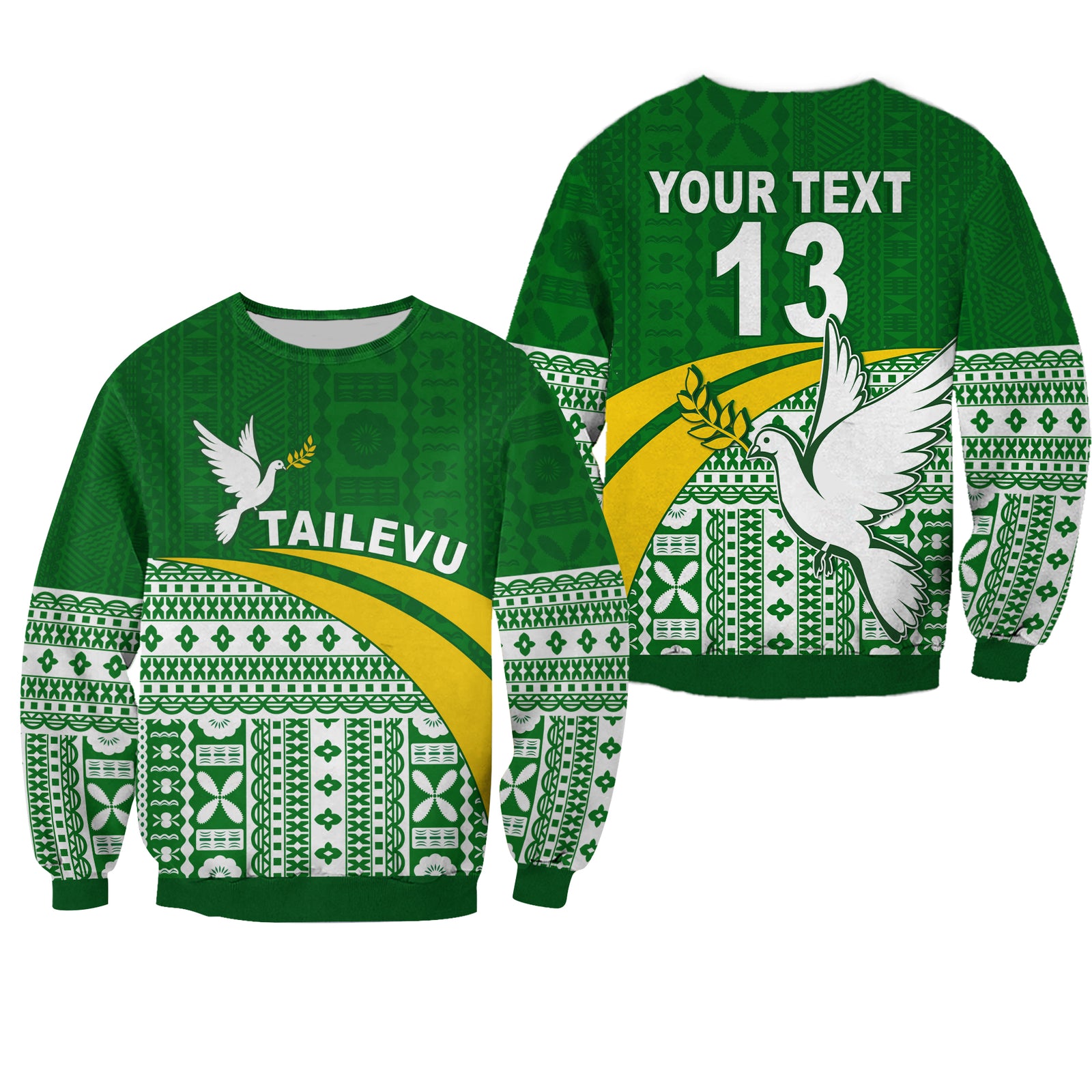 (Custom Text and Number) Tailevu Rugby Sweatshirt Fiji Rugby Tapa Pattern Green LT13 Unisex Green - Polynesian Pride