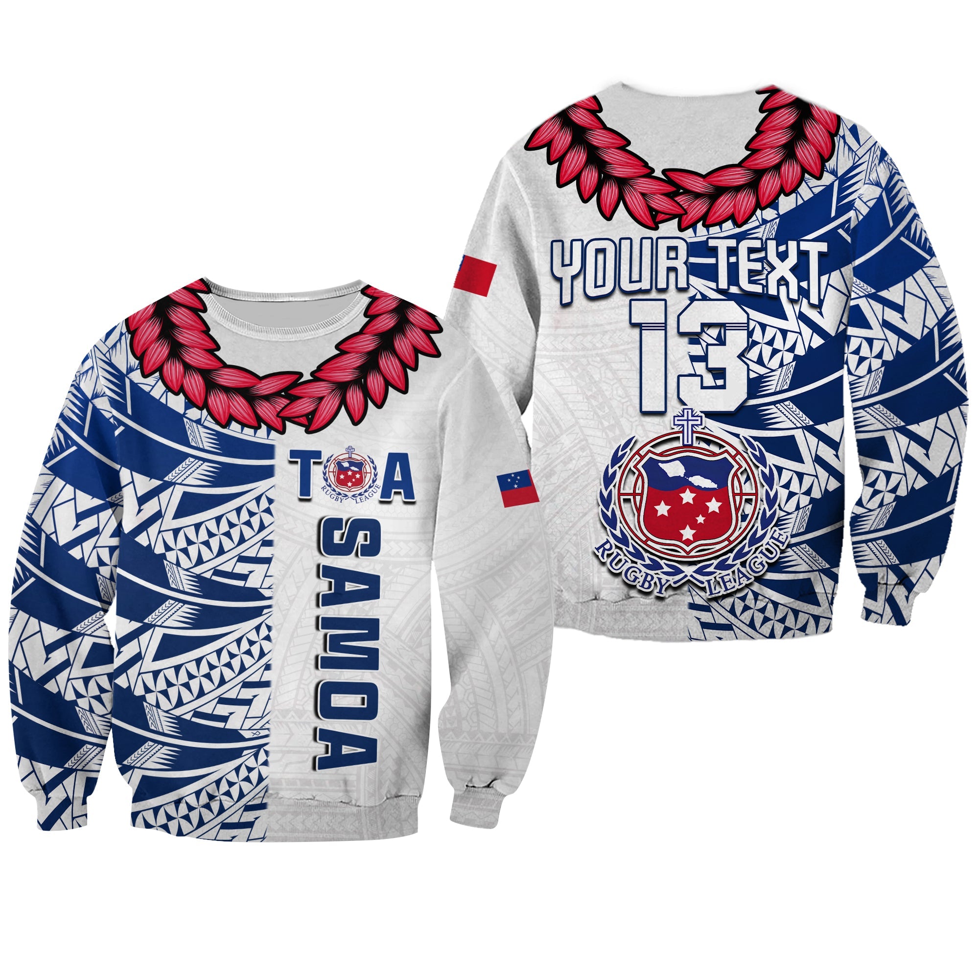 (Custom Text and Number) Toa Samoa Rugby Sweatshirt Siamupini Ula Fala White LT13 Unisex White - Polynesian Pride