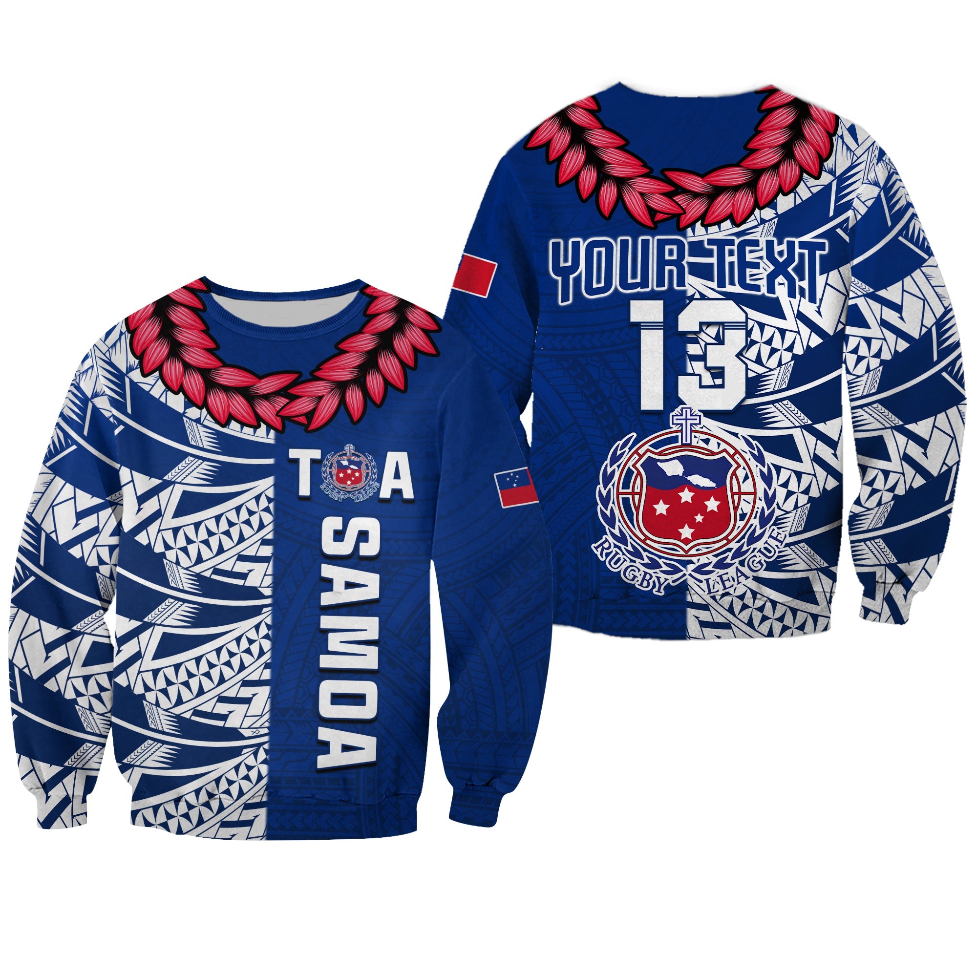 (Custom Text and Number) Toa Samoa Rugby Sweatshirt Siamupini Ula Fala Blue LT13 Unisex Blue - Polynesian Pride