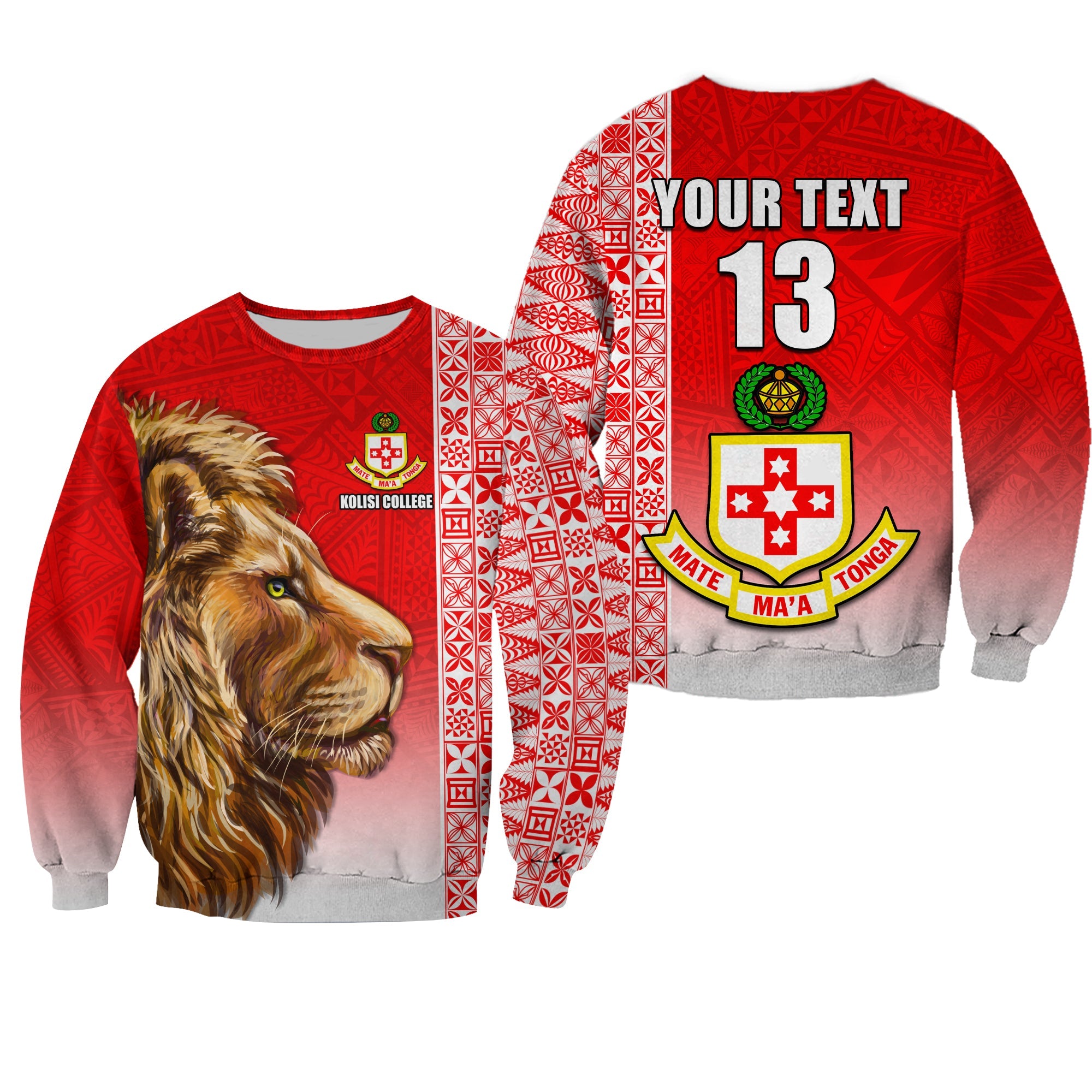 (Custom Text and Number) Kolisi Tonga College Atele Sweatshirt Home of the Lions LT13 Unisex Red - Polynesian Pride