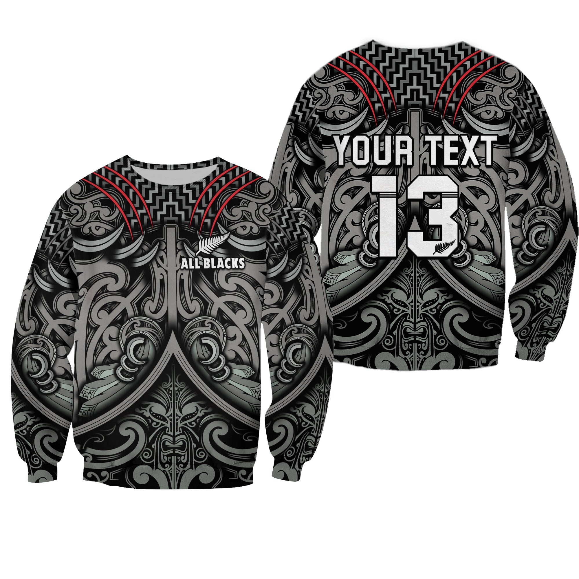 (Custom Text and Number) New Zealand Silver Fern Rugby Sweatshirt All Black NZ Maori Pattern LT13 Unisex Black - Polynesian Pride