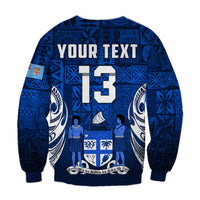 (Custom Text and Number) Fiji Rugby Sweatshirt Flying Fijians Blue Tapa Pattern LT13 - Polynesian Pride