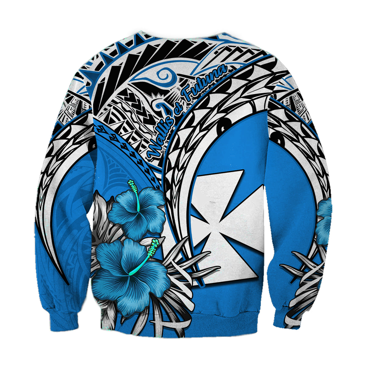 Wallis et Futuna Sweatshirt Polynesian Pattern and Hibiscus Flowers Version Blue LT13 - Polynesian Pride