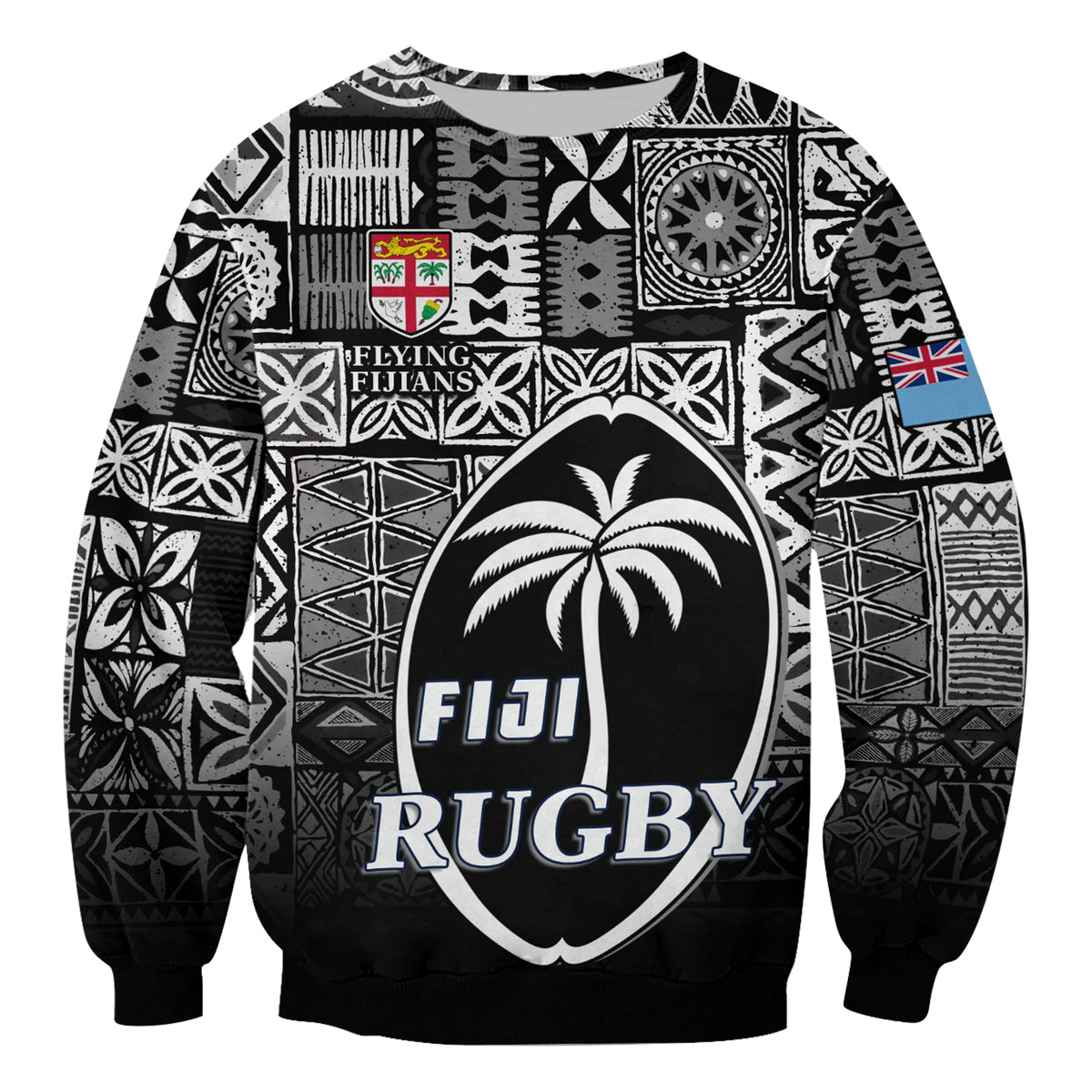 (Custom Text and Number) Fiji Rugby Sweatshirt Flying Fijians Black Tapa Pattern LT13 - Polynesian Pride