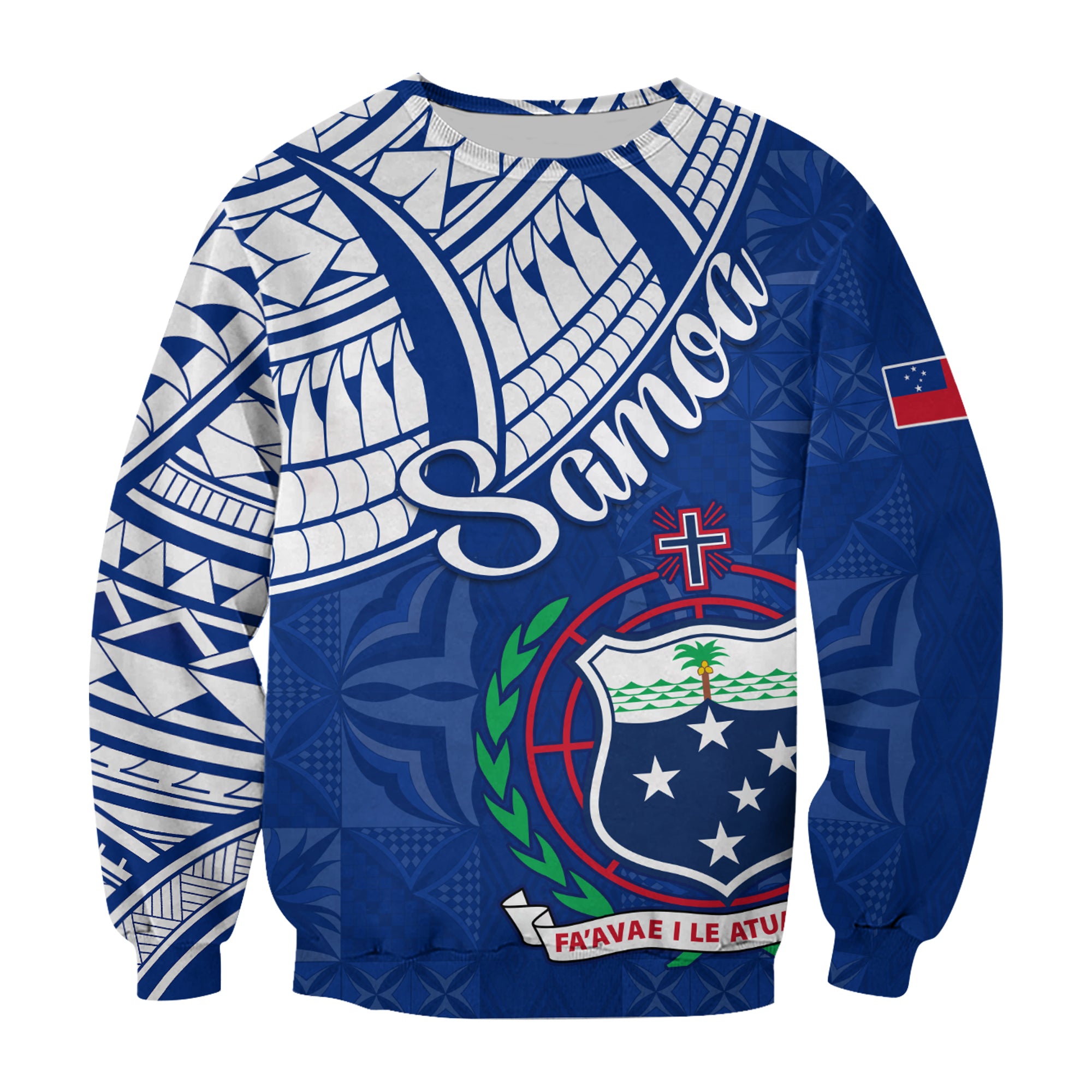 Samoa Siapo Sweatshirt Sporty Mix Barkcloth Panel LT13 Unisex Blue - Polynesian Pride