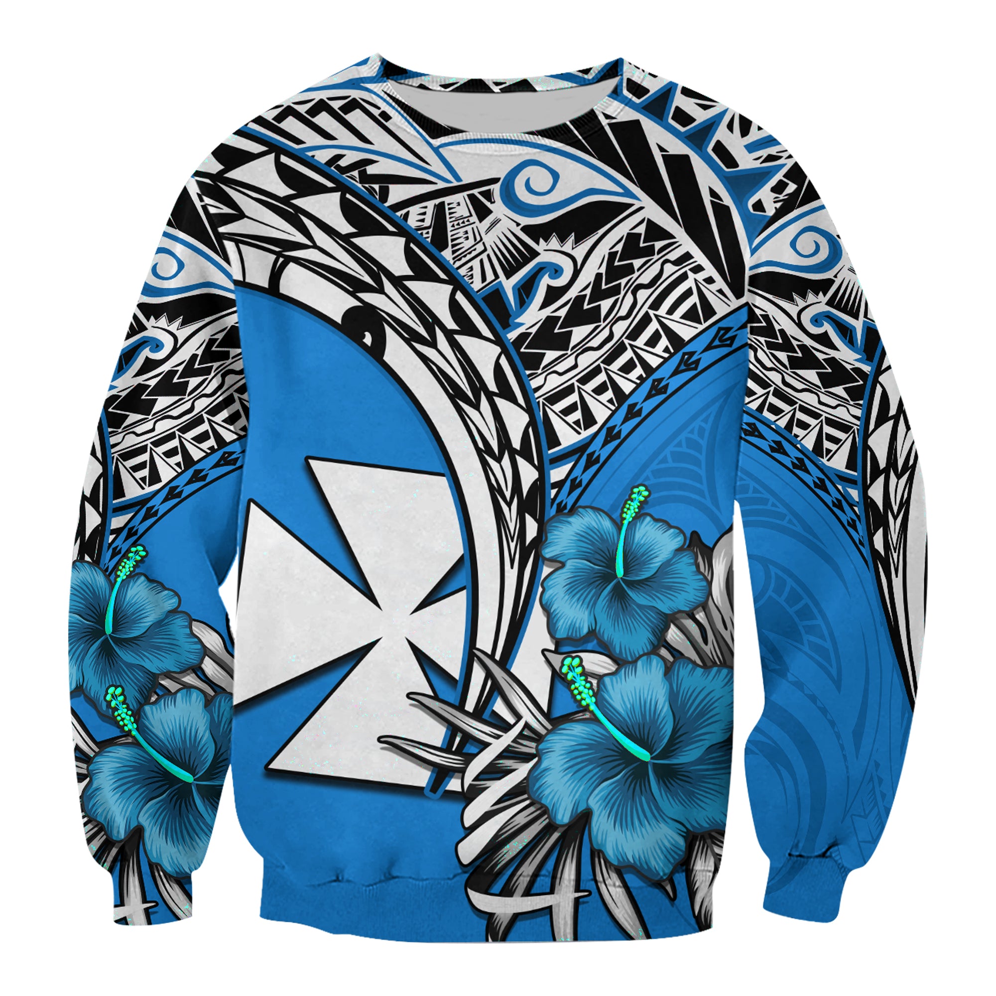 (Custom Personalised) Wallis et Futuna Sweatshirt Polynesian Pattern and Hibiscus Flowers Version Blue LT13 Unisex Blue - Polynesian Pride