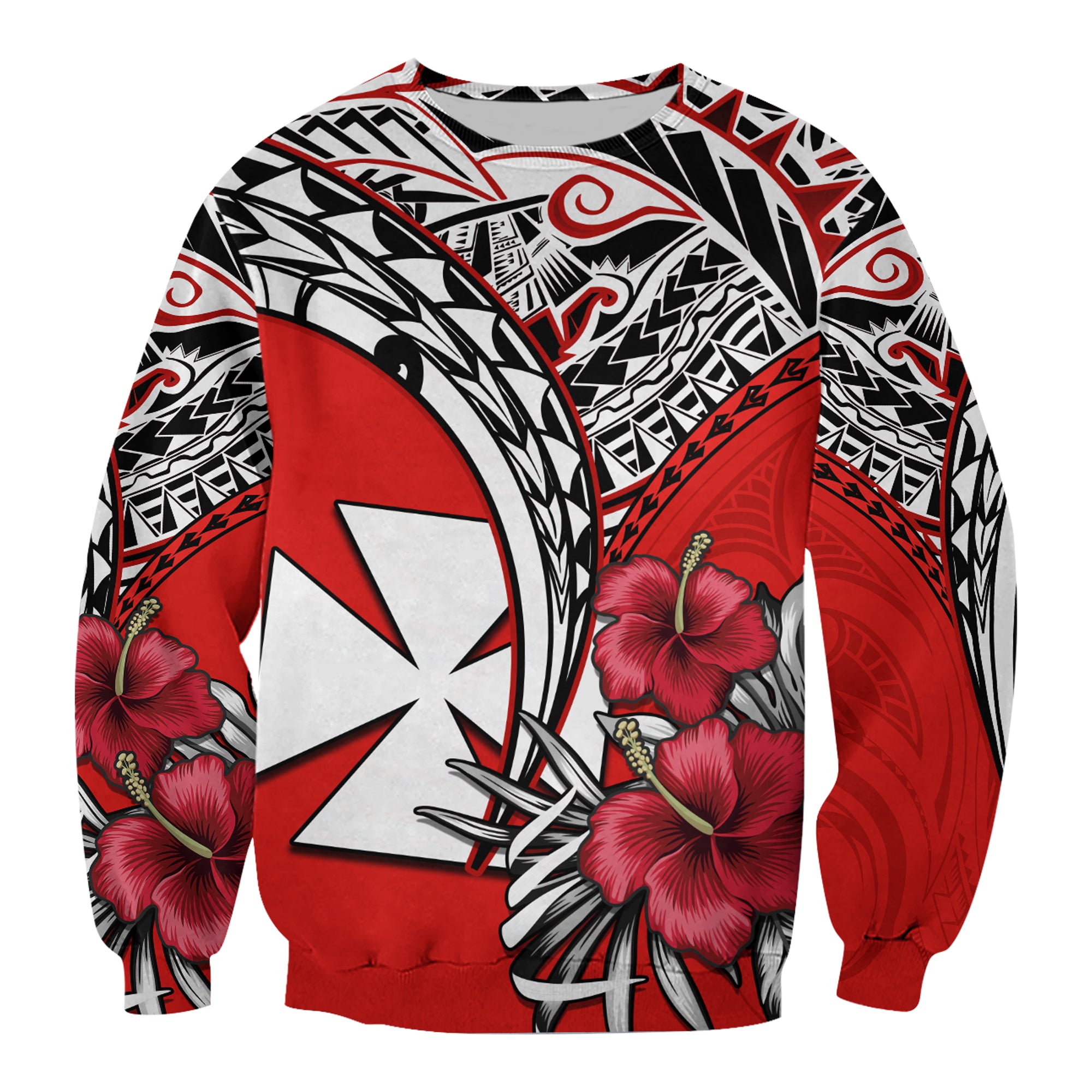 (Custom Personalised) Wallis et Futuna Sweatshirt Polynesian Pattern and Hibiscus Flowers Version Red LT13 Unisex Red - Polynesian Pride