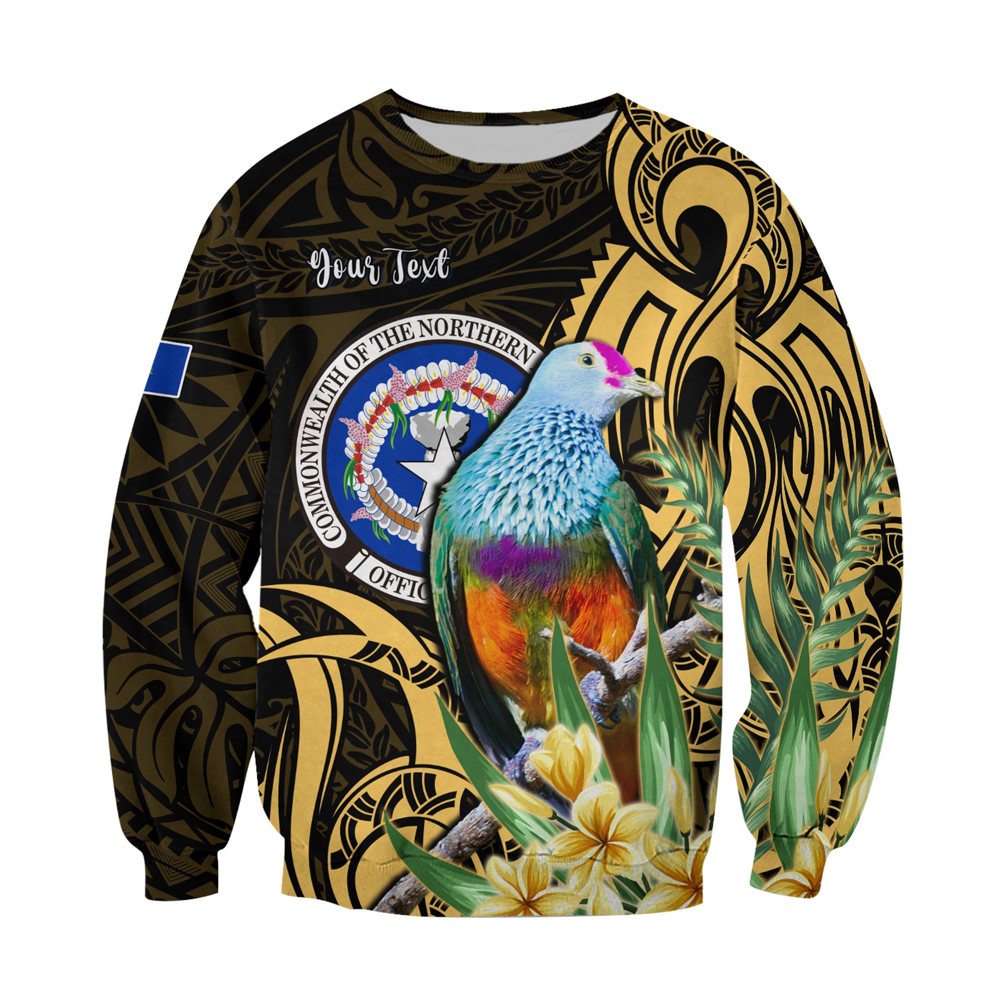 (Custom Personalised) Northern Mariana Islands Sweatshirt Mariana Fruit Dove Mix Frangipani Flowers Gold LT13 Unisex Gold - Polynesian Pride