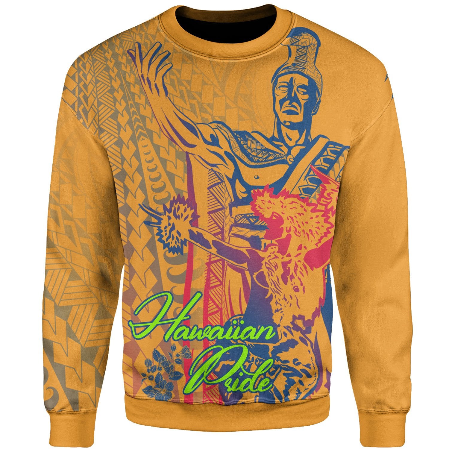 Hawaii Sweatshirt - King Of Hawaii With Hawaiian Girls Unisex Yellow - Polynesian Pride