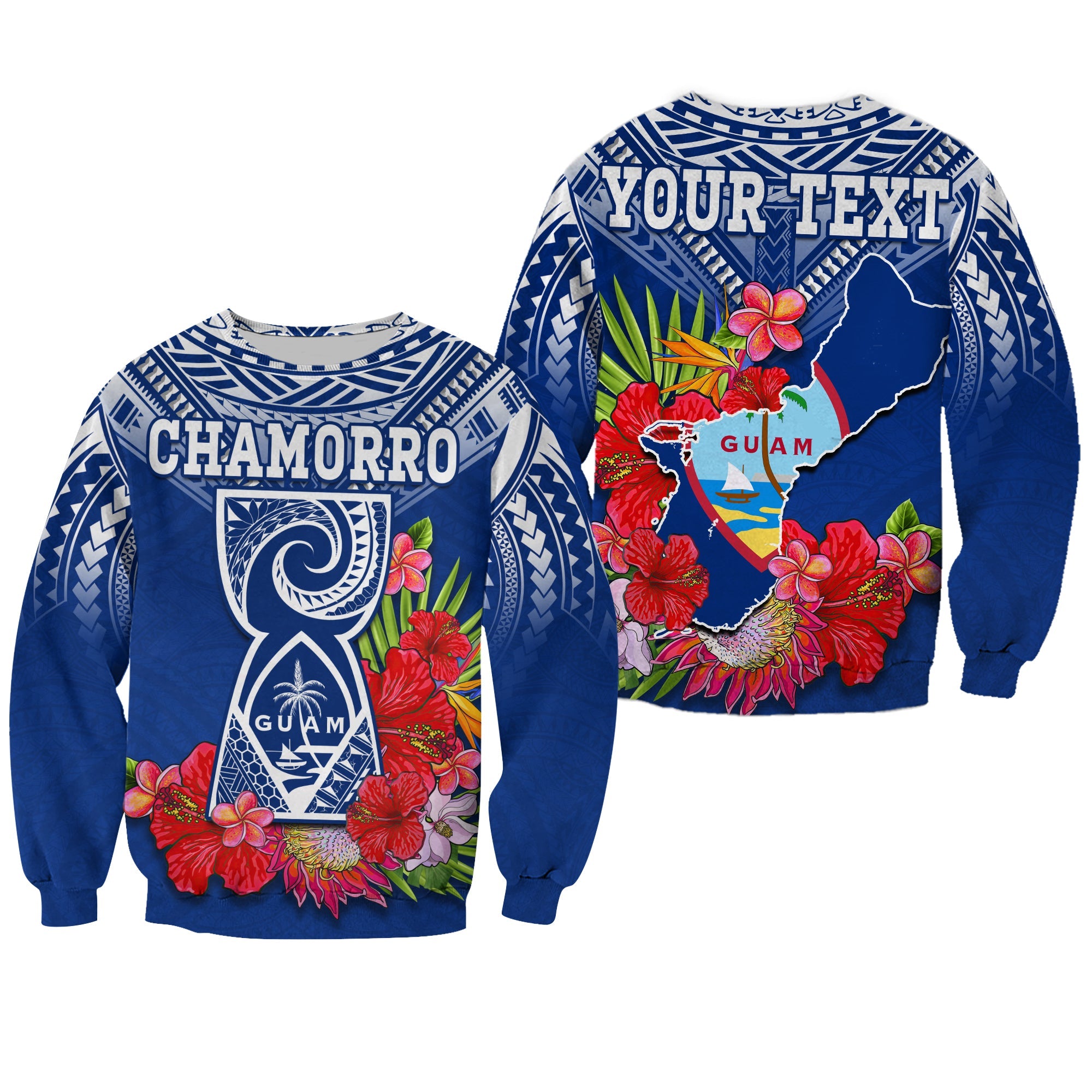 (Custom Personalised) Guam Chamorro Sweatshirt Guaman Latte Stone Tropical Flowers Blue Version LT14 Unisex Blue - Polynesian Pride