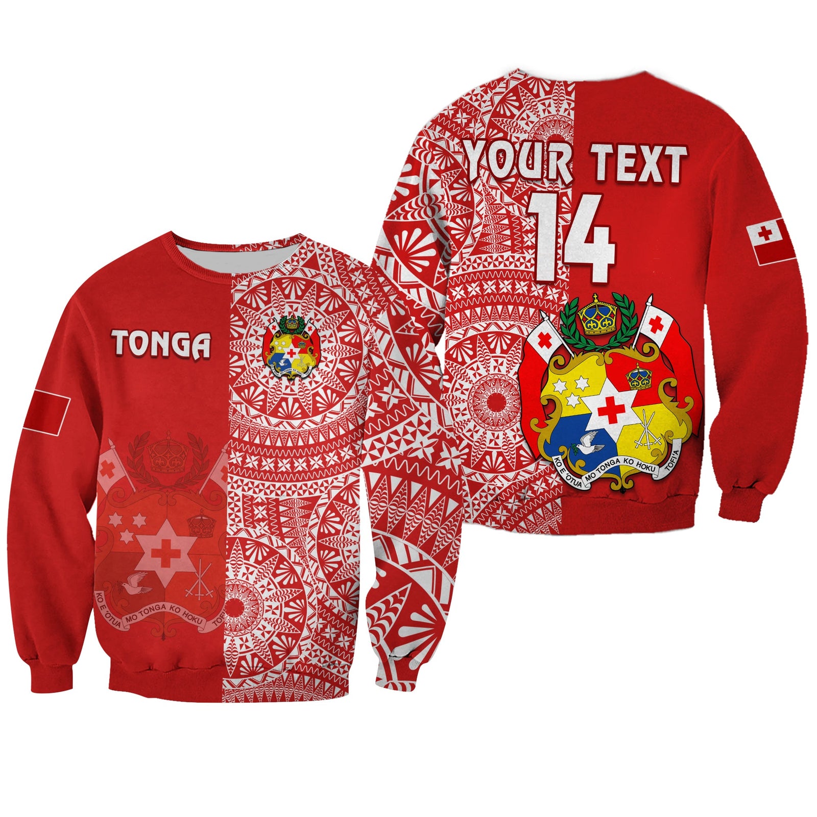 (Custom Text And Number) Tonga Sweatshirt Tongan Coat Of Arms Ngatu Pattern LT14 Unisex Red - Polynesian Pride