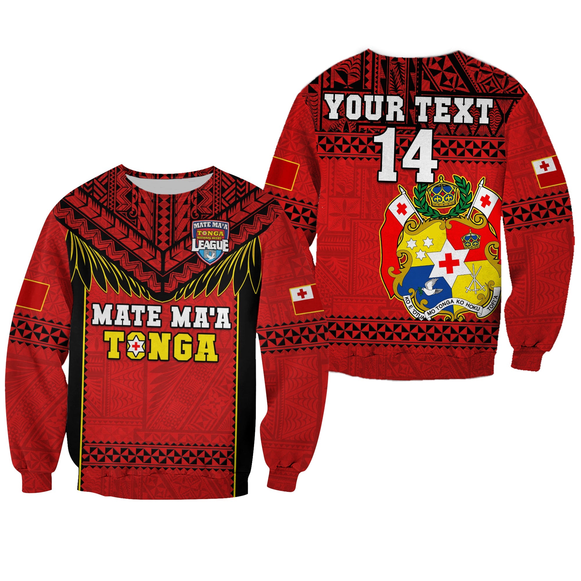(Custom Text And Number) Tonga Rugby Sweatshirt Mate Maa Tonga Pacific Ngatu Black LT14 Unisex Red - Polynesian Pride