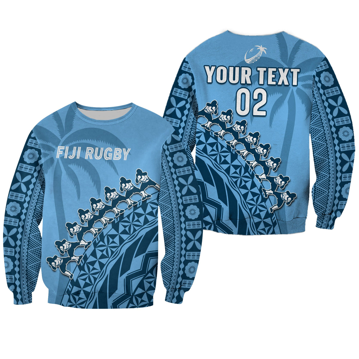 (Custom Text And Number) Fiji Tapa Rugby Sweatshirt Fijian Cibi Dance Tapa Pattern Blue LT14 Unisex Blue - Polynesian Pride