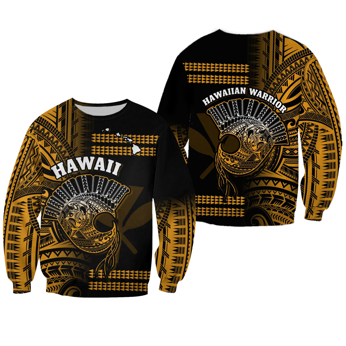 Hawaii Sweatshirt Kakau Warrior Helmet Gradient Gold Polynesian LT14 Unisex Gold - Polynesian Pride