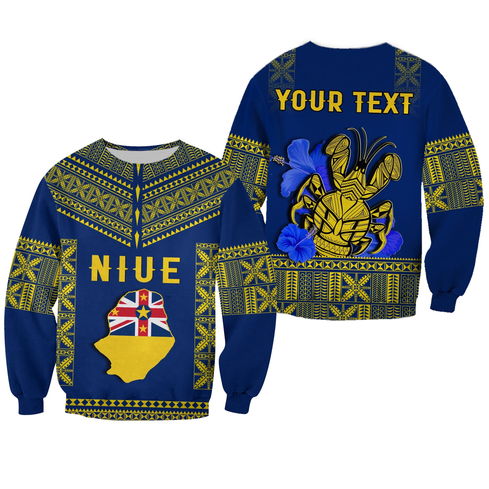 (Custom Personalised) Niue Sweatshirt Happy Constitution Day Niuean Hiapo Crab With Map LT14 Unisex Blue - Polynesian Pride