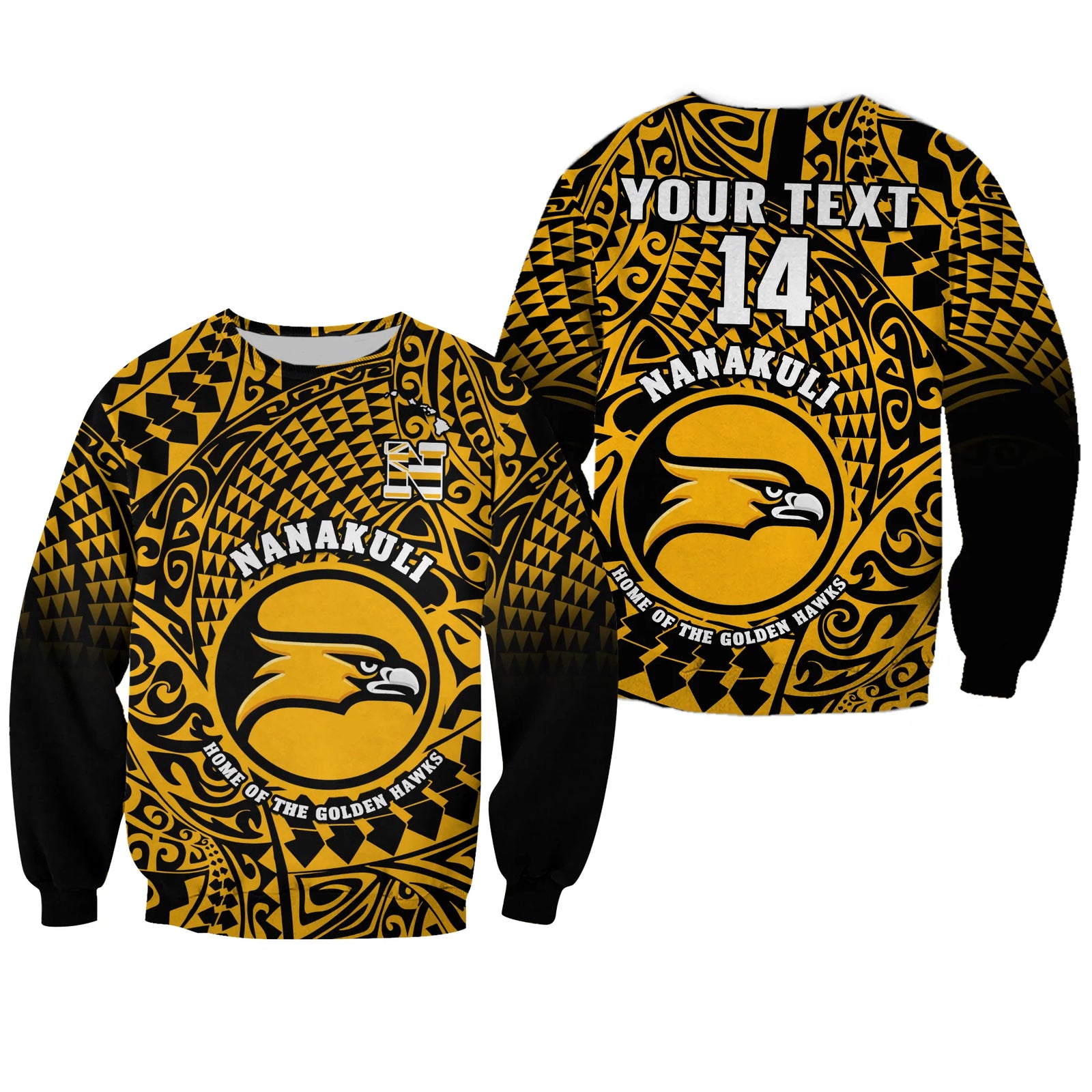 (Custom Text And Number) Hawaii Sweatshirt Nanakuli High and Intermediate School Tribal Kakau LT14 Unisex Gold - Polynesian Pride
